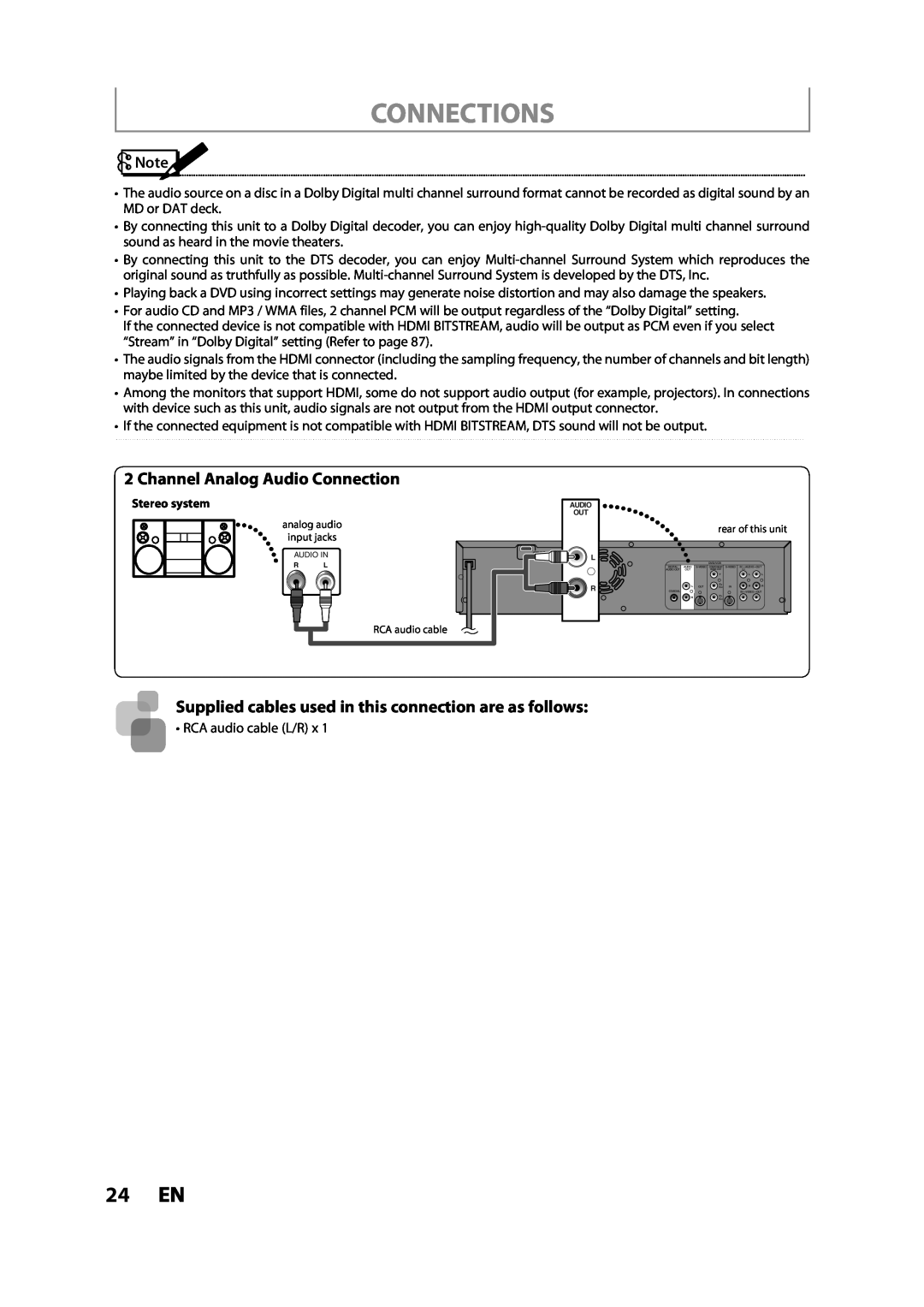 Toshiba DVR620KC owner manual 24 EN, Channel Analog Audio Connection, Connections, Stereo system 