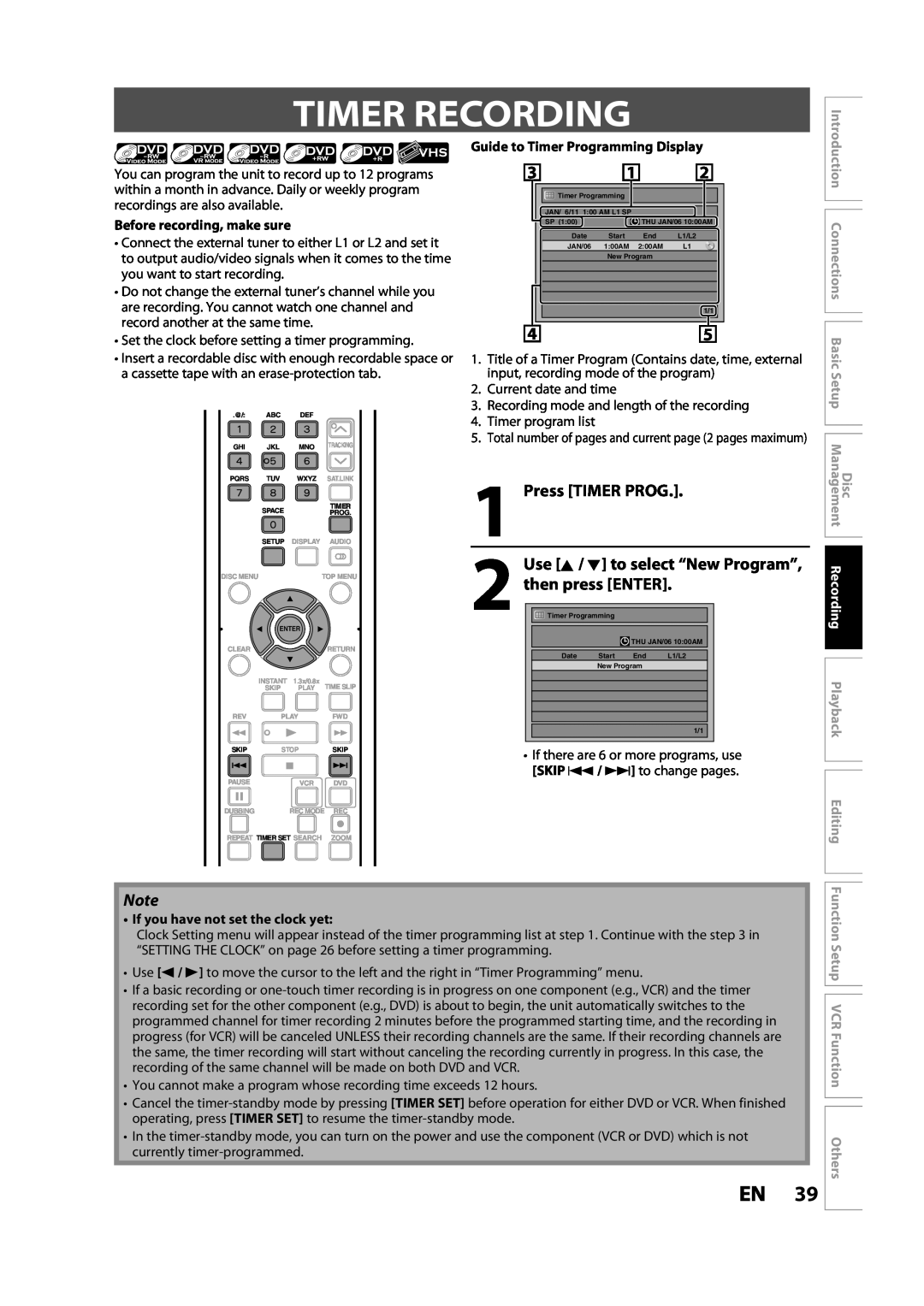 Toshiba DVR620KC Timer Recording, Press TIMER PROG, Use K / L to select “New Program”, Before recording, make sure 