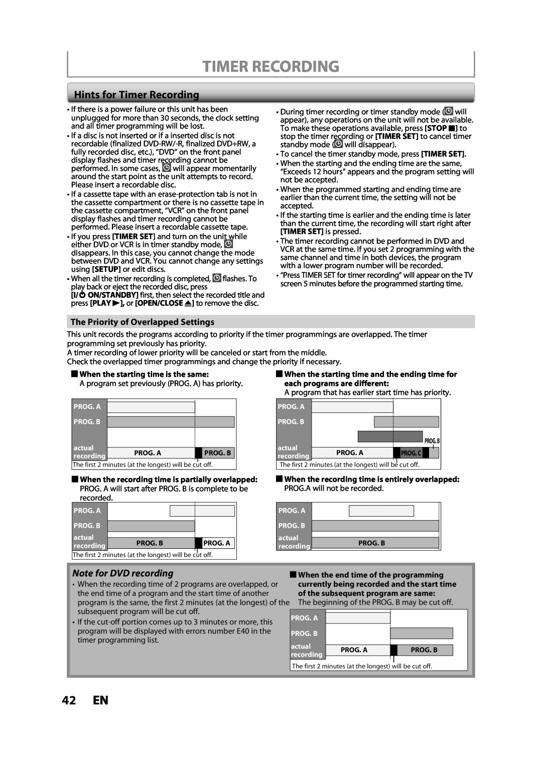 Toshiba DVR620KC owner manual 42 EN, Hints for Timer Recording, Note for DVD recording, The Priority of Overlapped Settings 