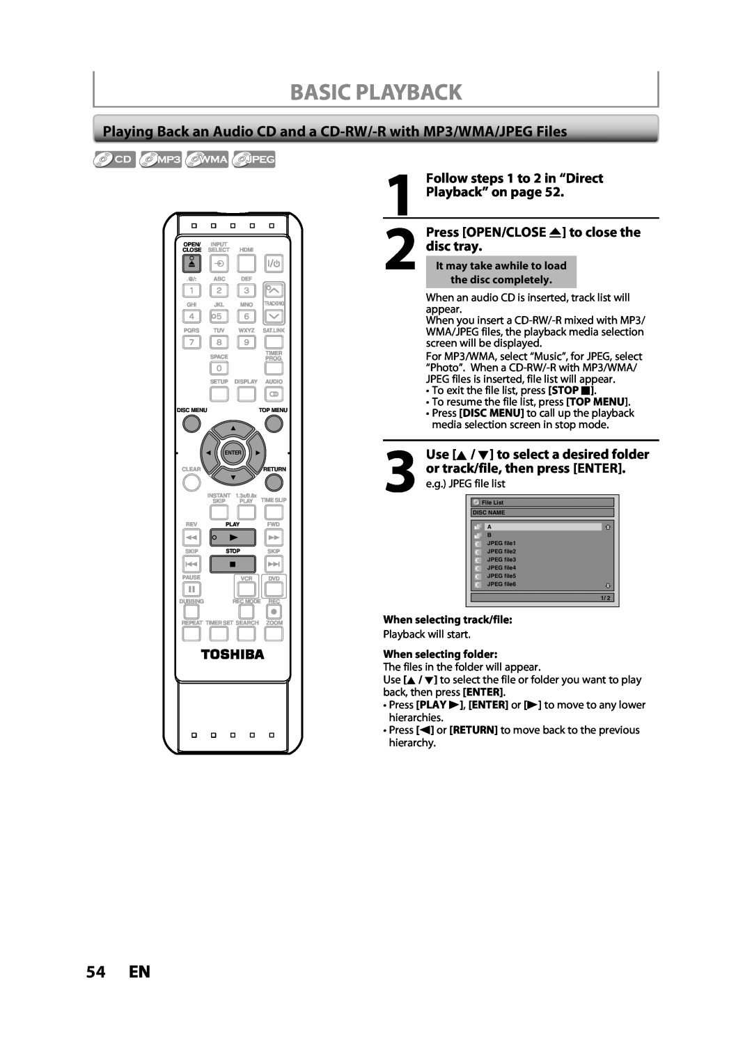 Toshiba DVR620KC 54 EN, Playing Back an Audio CD and a CD-RW/-R with MP3/WMA/JPEG Files, Follow steps 1 to 2 in “Direct 