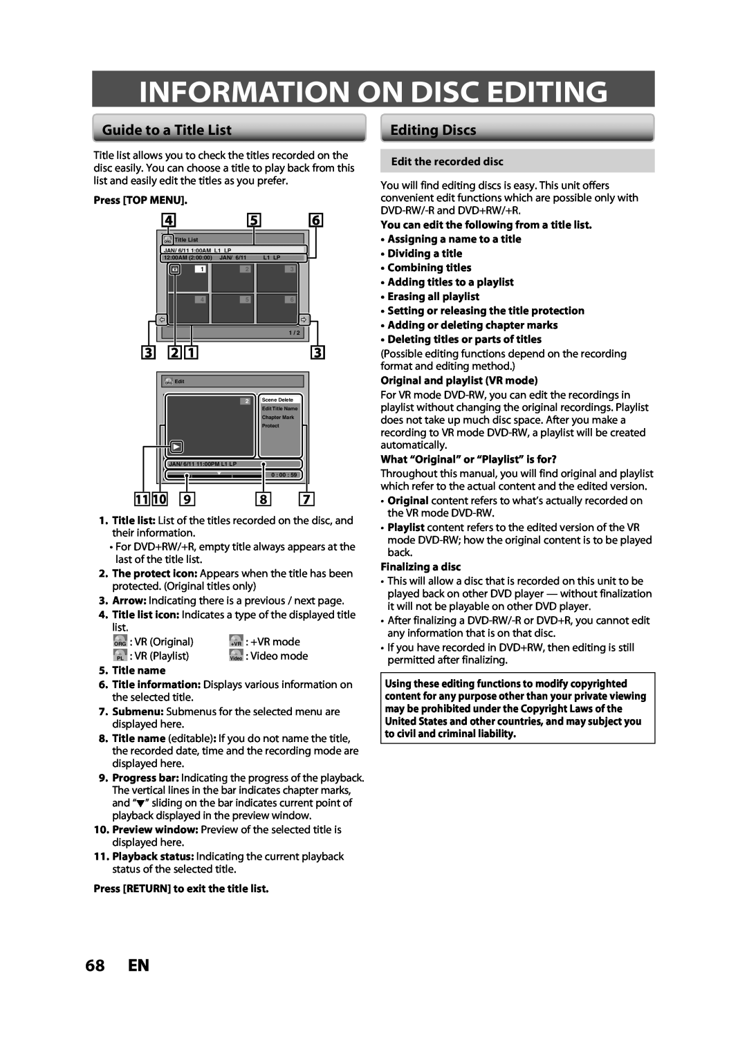 Toshiba DVR620KC Information On Disc Editing, 68 EN, Guide to a Title List, Editing Discs, Press TOP MENU, VR Original 