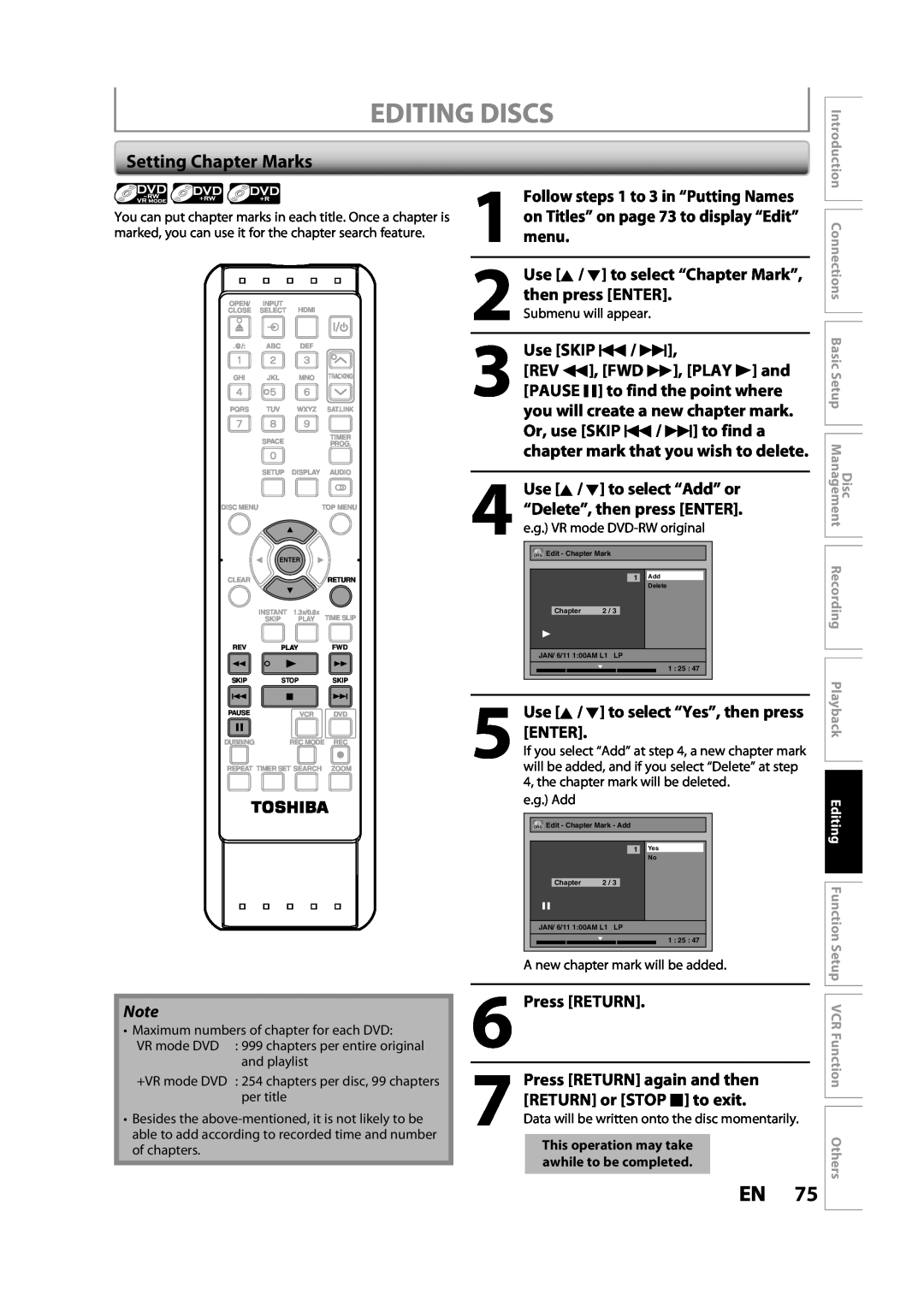 Toshiba DVR620KC Setting Chapter Marks, Use SKIP H / G, Use K / L to select “Yes”, then press ENTER, Press RETURN 