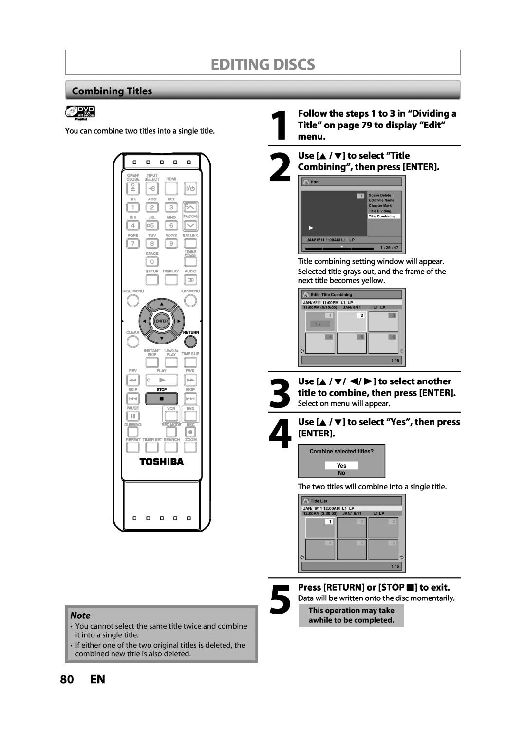 Toshiba DVR620KC 80 EN, Combining Titles, Follow the steps 1 to 3 in “Dividing a, Title” on page 79 to display “Edit” menu 