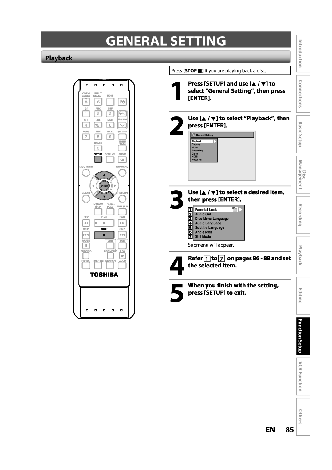 Toshiba DVR620KC General Setting, Use K / L to select “Playback”, then press ENTER, Press SETUP and use K / L to 