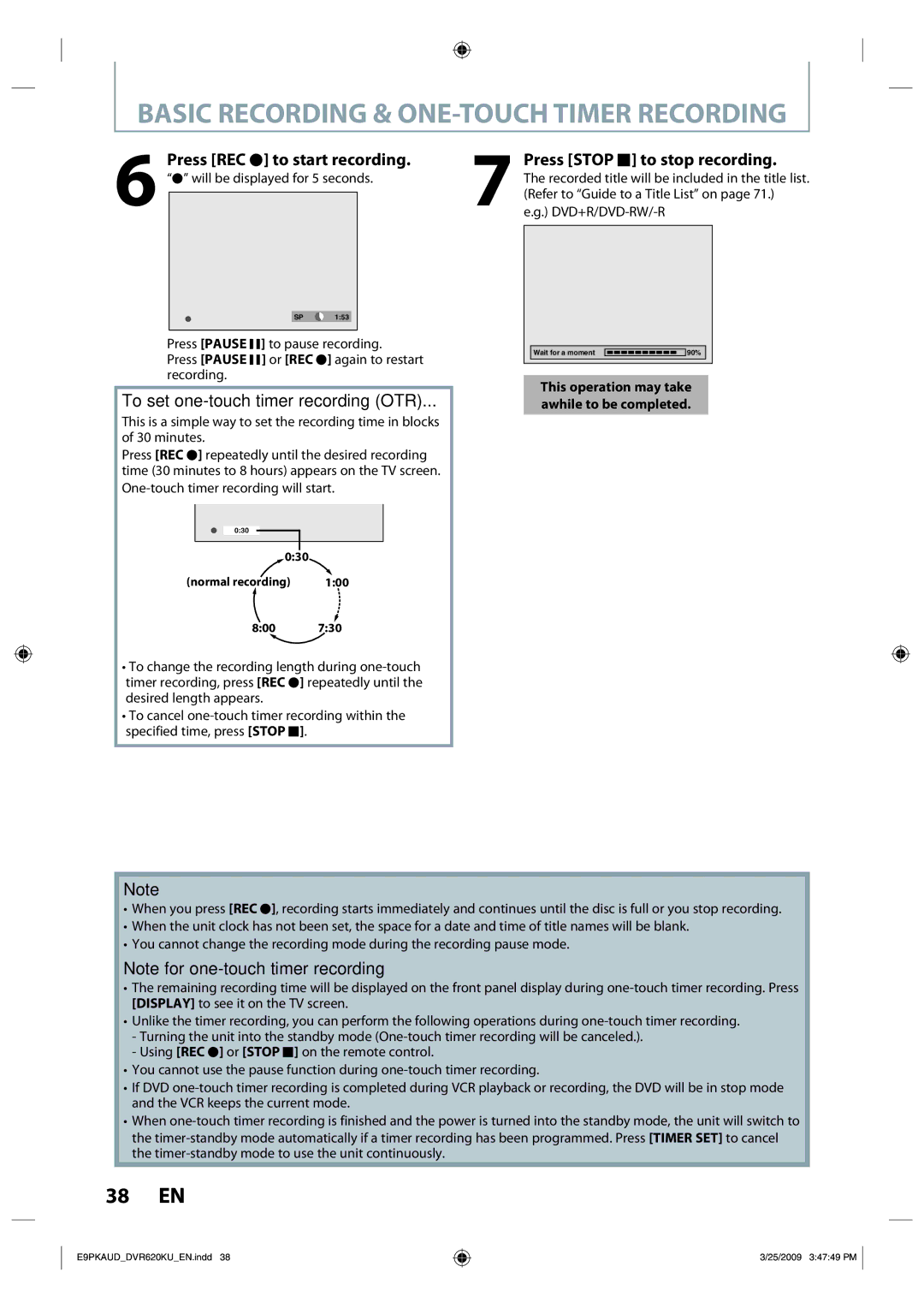 Toshiba DVR620KU owner manual Basic Recording & ONE-TOUCH Timer Recording, Press REC I to start recording 