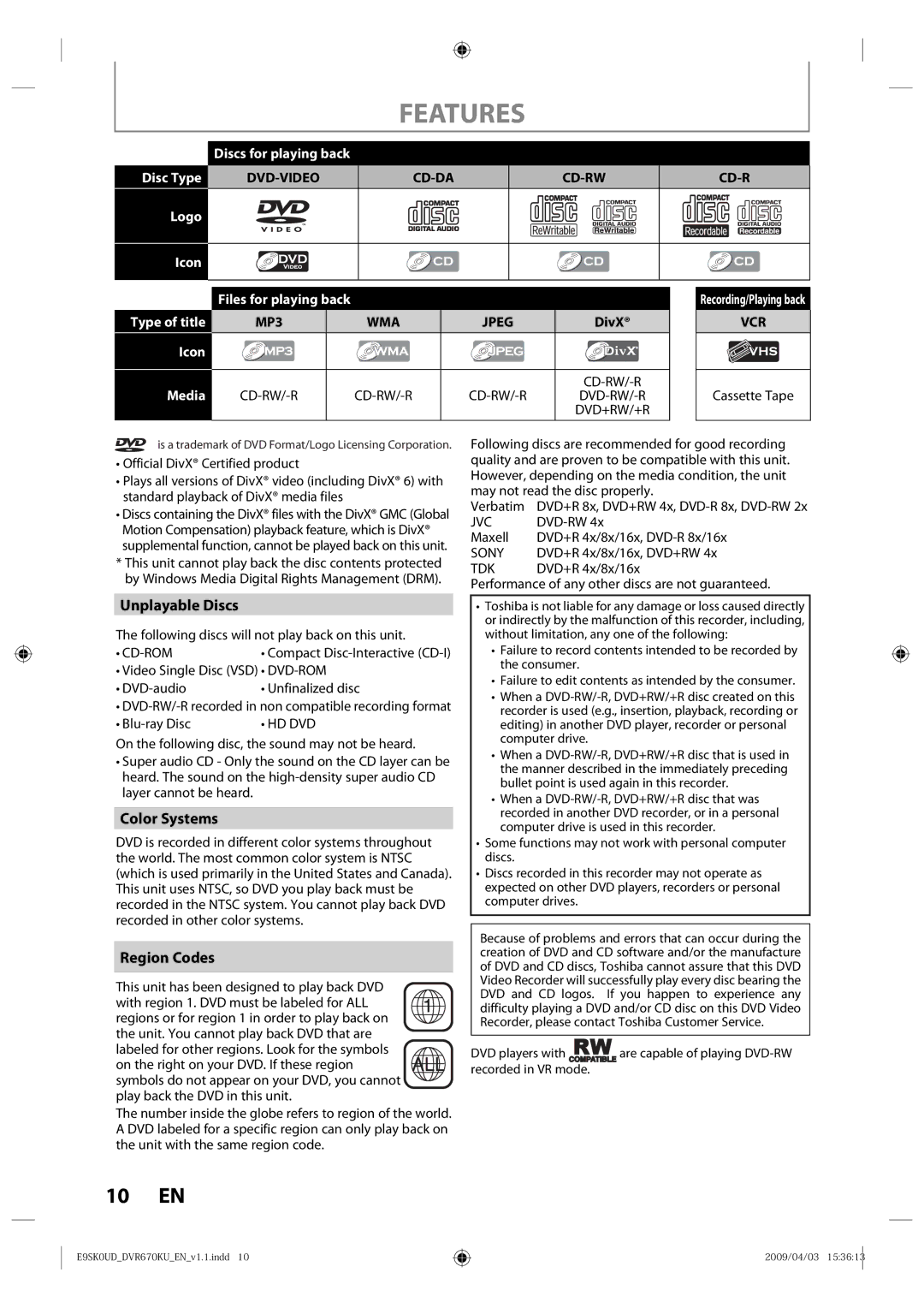 Toshiba DVR670KU owner manual Unplayable Discs, Color Systems, Region Codes 