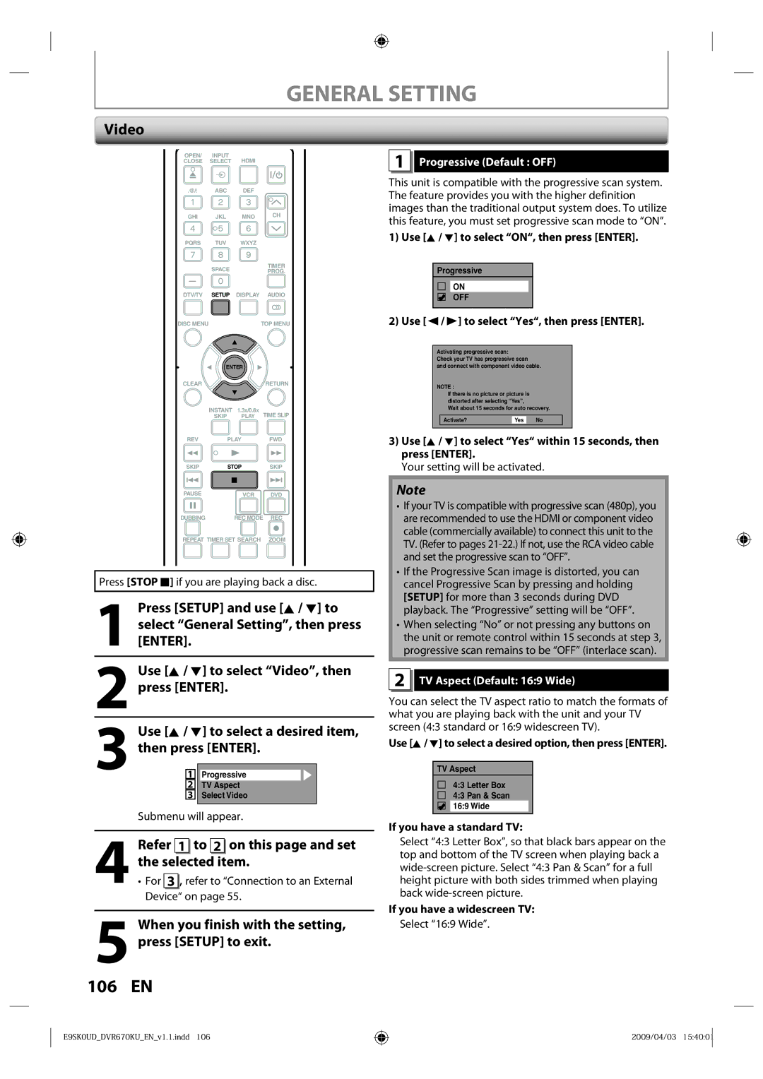 Toshiba DVR670KU owner manual Video, Selected item, Refer 1 to 2 on this page and set, Progressive Default OFF 