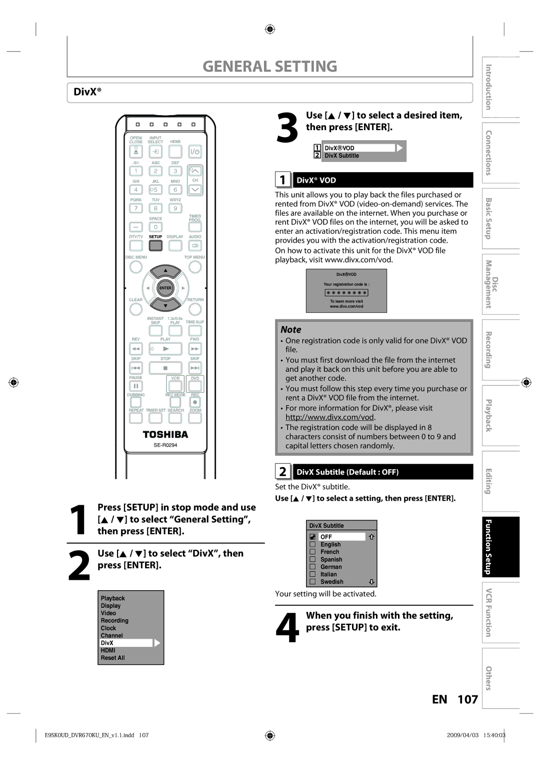 Toshiba DVR670KU owner manual DivX VOD, DivX Subtitle Default OFF, Set the DivX subtitle 