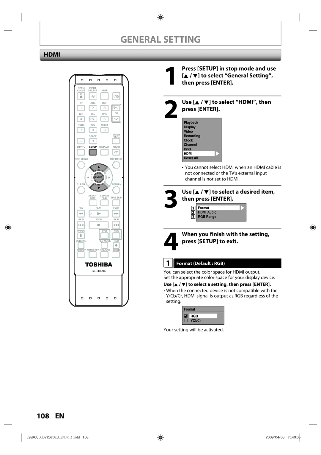 Toshiba DVR670KU owner manual Hdmi, Format Default RGB 