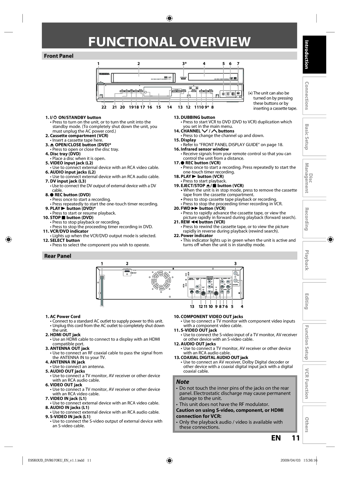 Toshiba DVR670KU owner manual Functional Overview, Front Panel, Rear Panel, Introduction Connections, Connection for VCR 