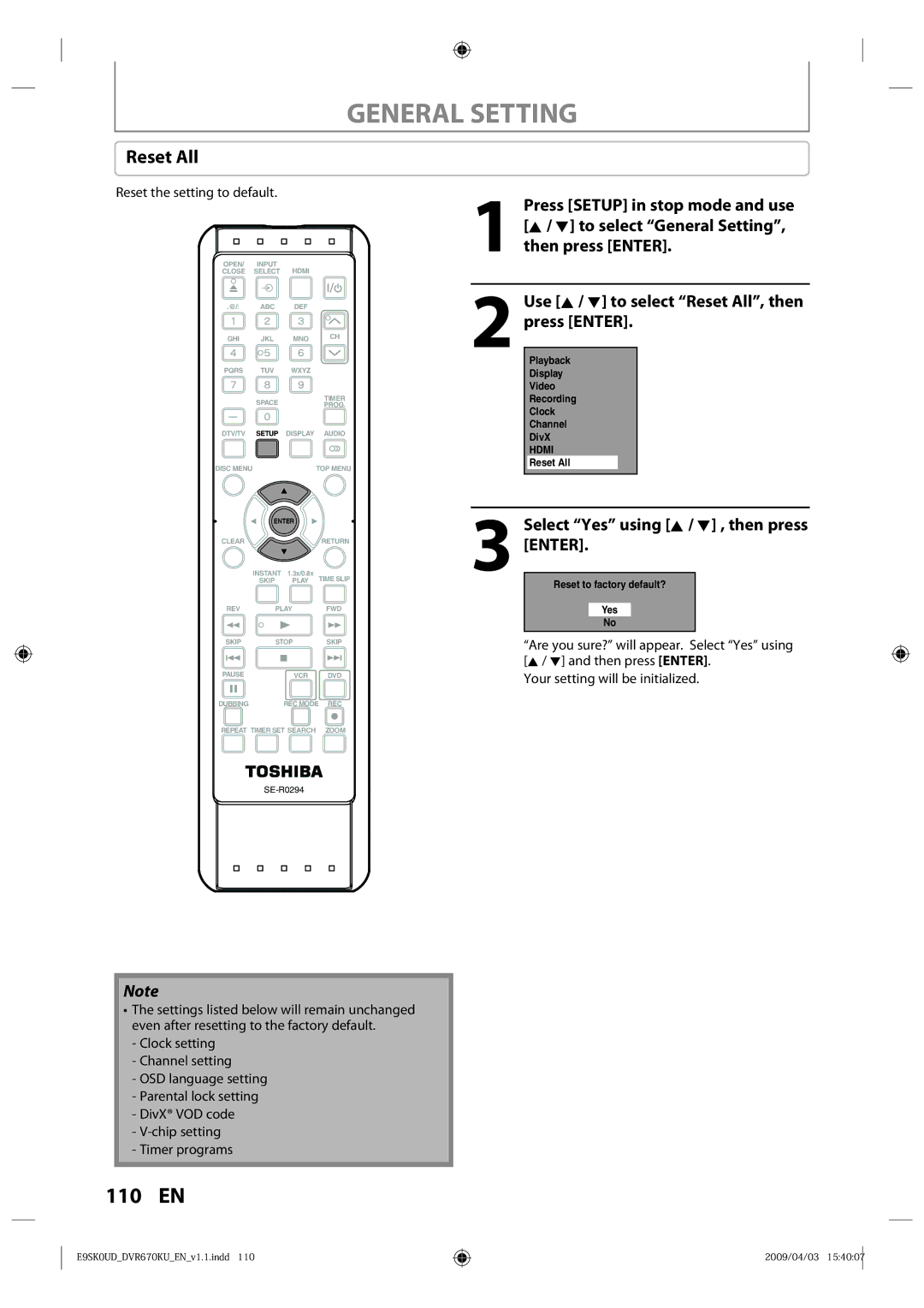 Toshiba DVR670KU owner manual Reset All, Select Yes using K / L , then press Enter, Reset the setting to default 