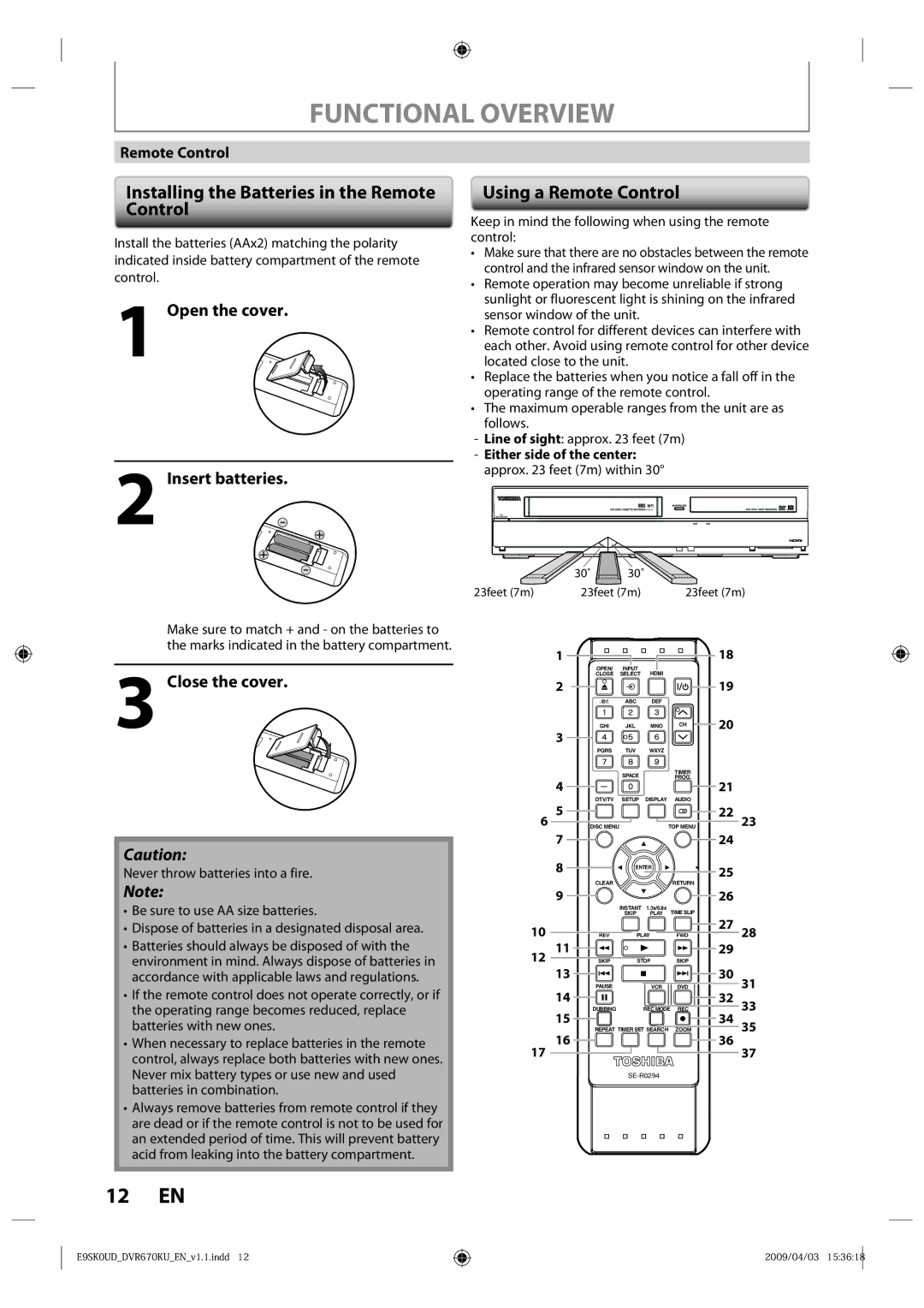 Toshiba DVR670KU owner manual Functional Overview, Installing the Batteries in the Remote Control, Using a Remote Control 