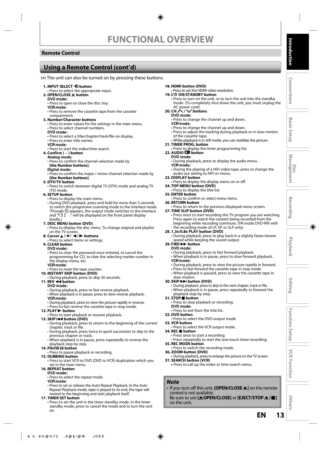 Toshiba DVR670KU owner manual Using a Remote Control cont’d, Be sure to use AOPEN/CLOSE or EJECT/STOP A/ C on the unit 