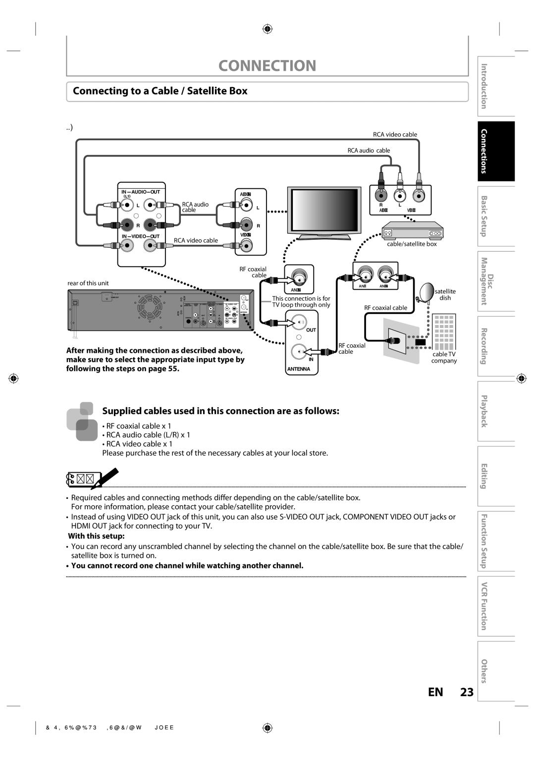 Toshiba DVR670KU owner manual Connecting to a Cable / Satellite Box, Disc Basic Setup Management, Recording Playback 