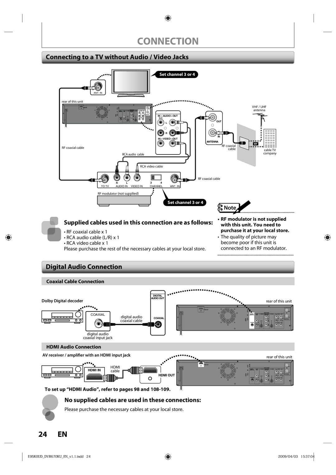 Toshiba DVR670KU owner manual Connecting to a TV without Audio / Video Jacks, Digital Audio Connection 