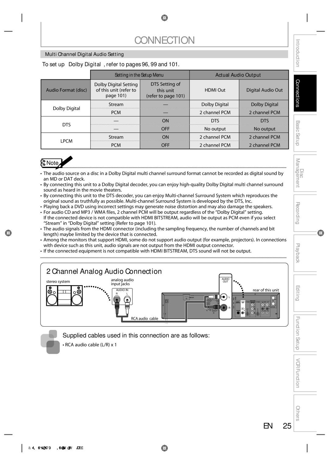 Toshiba DVR670KU To set up Dolby Digital, refer to pages 96, 99, Multi Channel Digital Audio Setting, Editing Function 