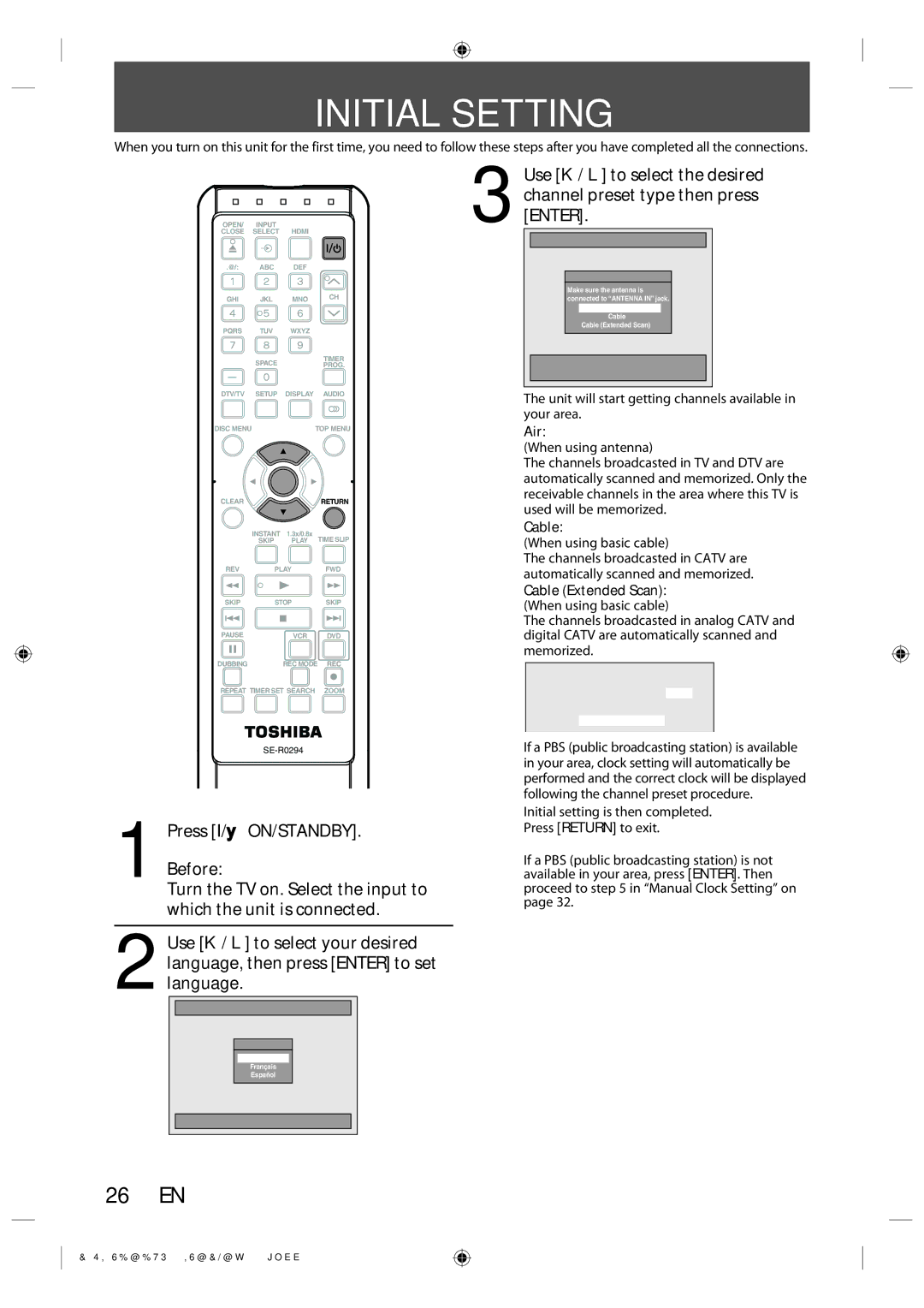 Toshiba DVR670KU owner manual Initial Setting, Air, Cable Extended Scan 