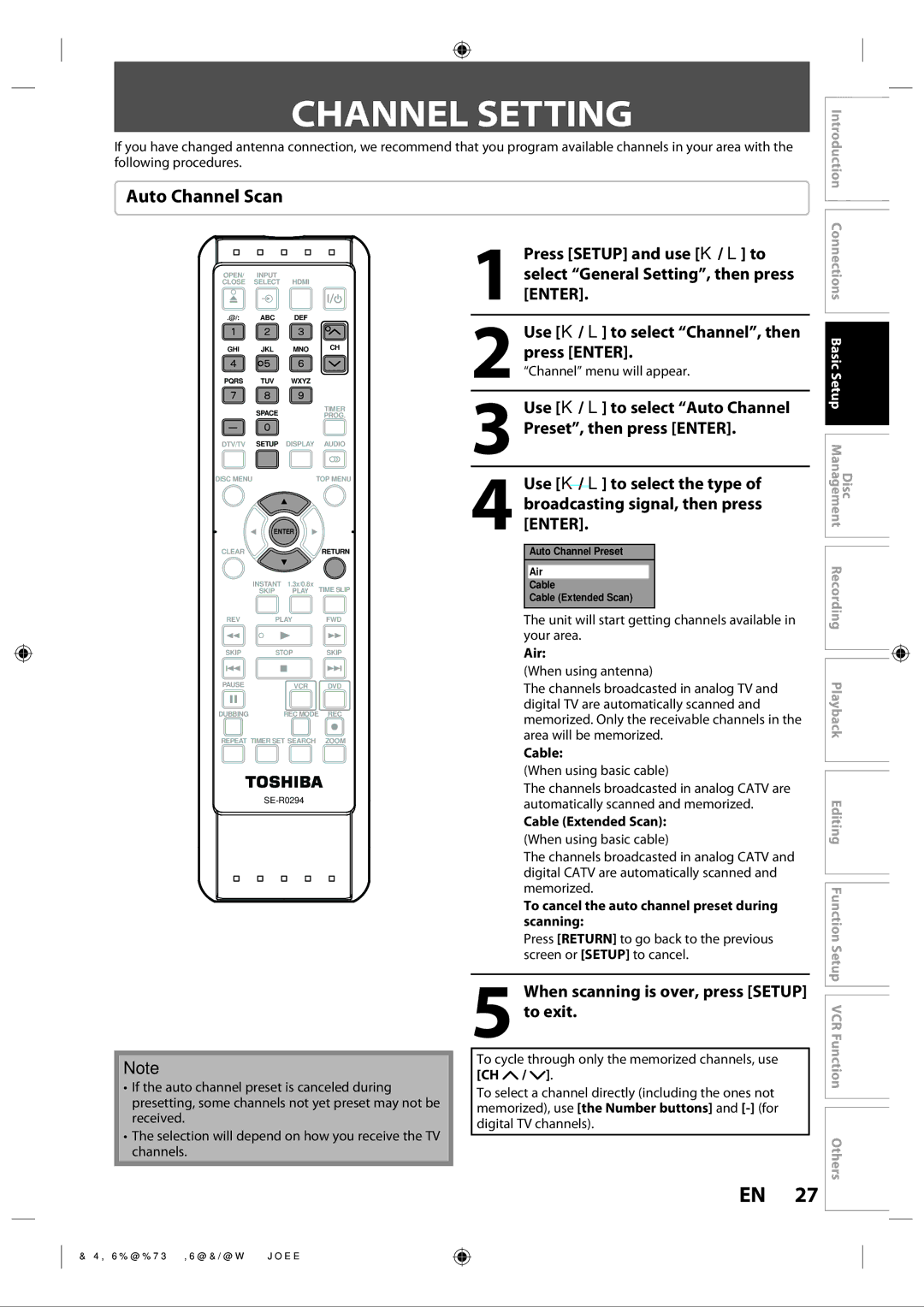 Toshiba DVR670KU owner manual Channel Setting, Auto Channel Scan, When scanning is over, press Setup to exit 