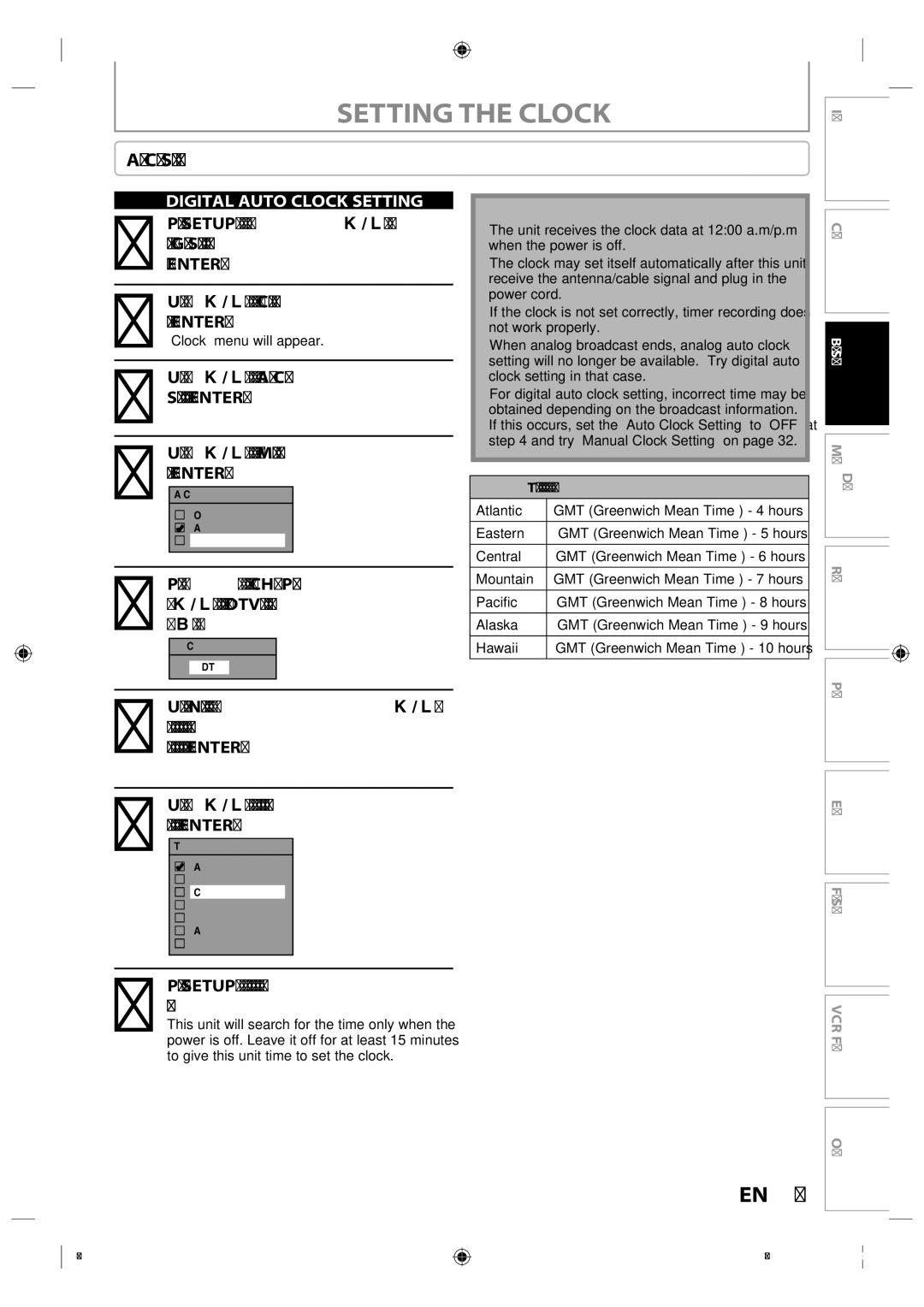 Toshiba DVR670KU owner manual Setting the Clock, Time adjustment for each time zone 