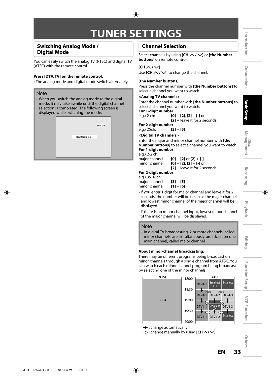 Toshiba DVR670KU owner manual Tuner Settings, Switching Analog Mode Digital Mode, Channel Selection, Setup VCR Function 