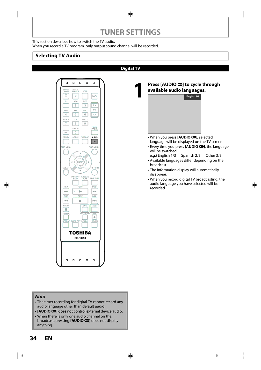 Toshiba DVR670KU owner manual Tuner Settings, Selecting TV Audio, Press Audio to cycle through available audio languages 