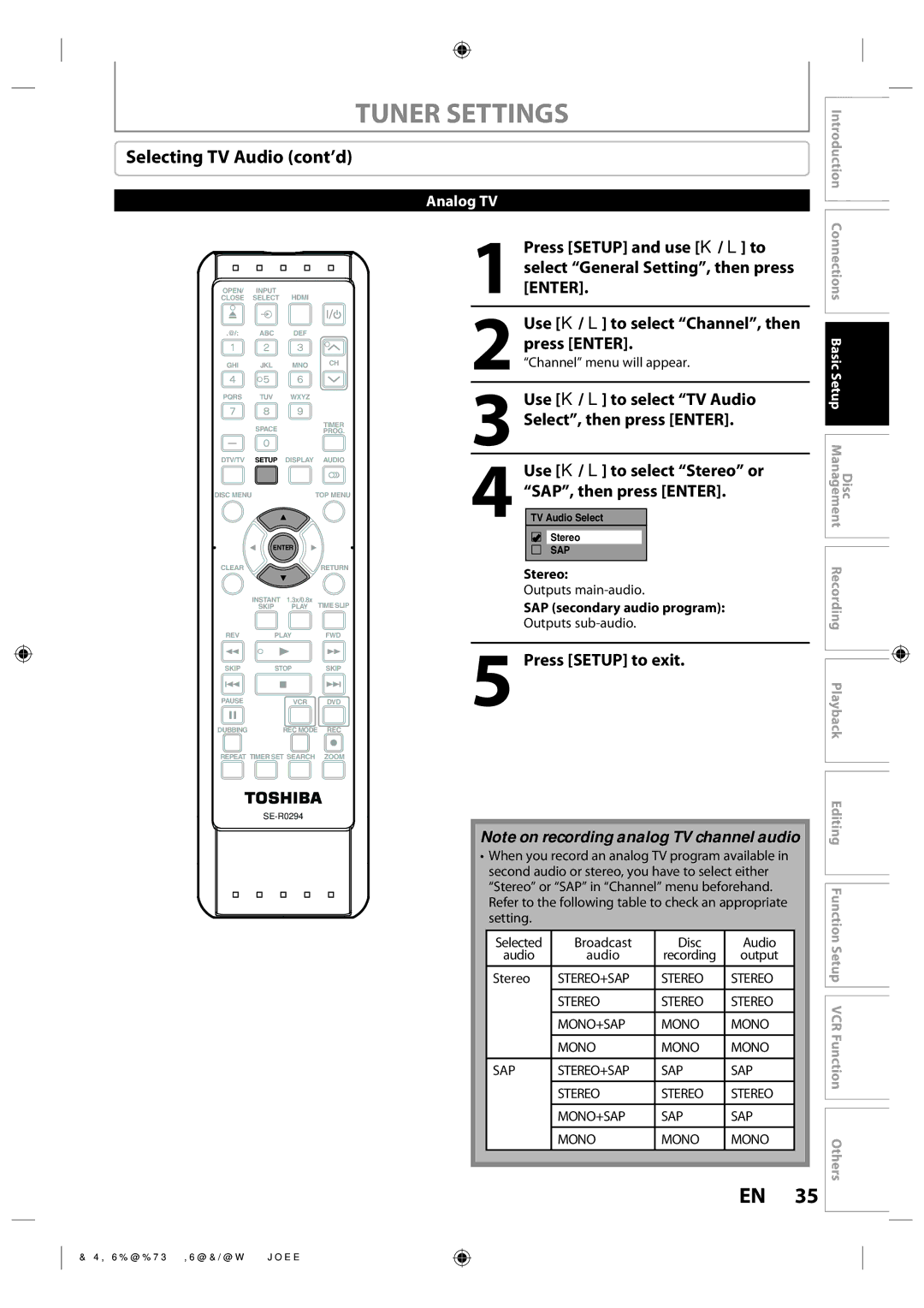 Toshiba DVR670KU owner manual Selecting TV Audio cont’d, Use K / L to select TV Audio Select, then press Enter, Stereo 