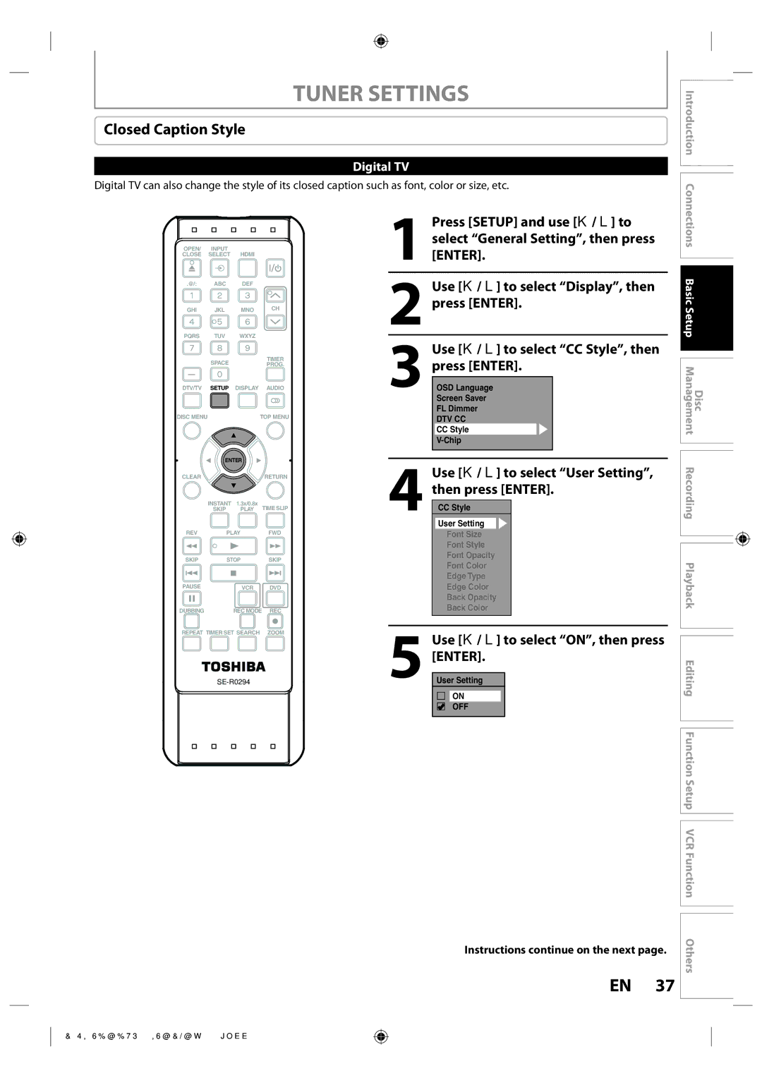 Toshiba DVR670KU owner manual Closed Caption Style, Enter 