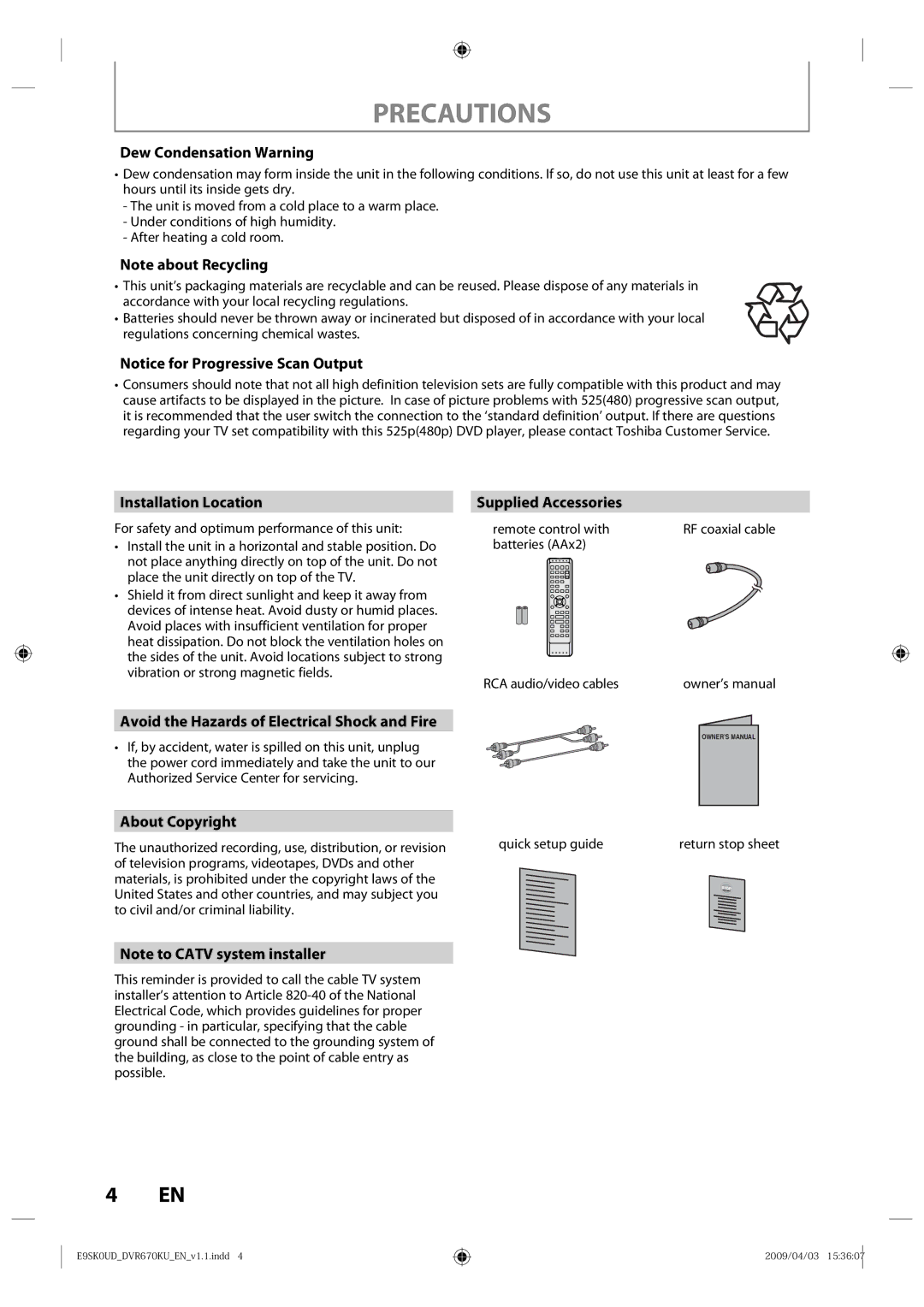 Toshiba DVR670KU Dew Condensation Warning, Installation Location, Avoid the Hazards of Electrical Shock and Fire 