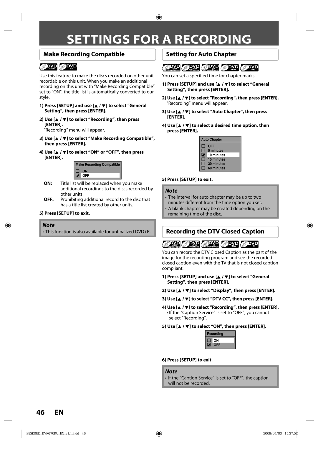 Toshiba DVR670KU owner manual Settings for a Recording, Make Recording Compatible, Recording the DTV Closed Caption 