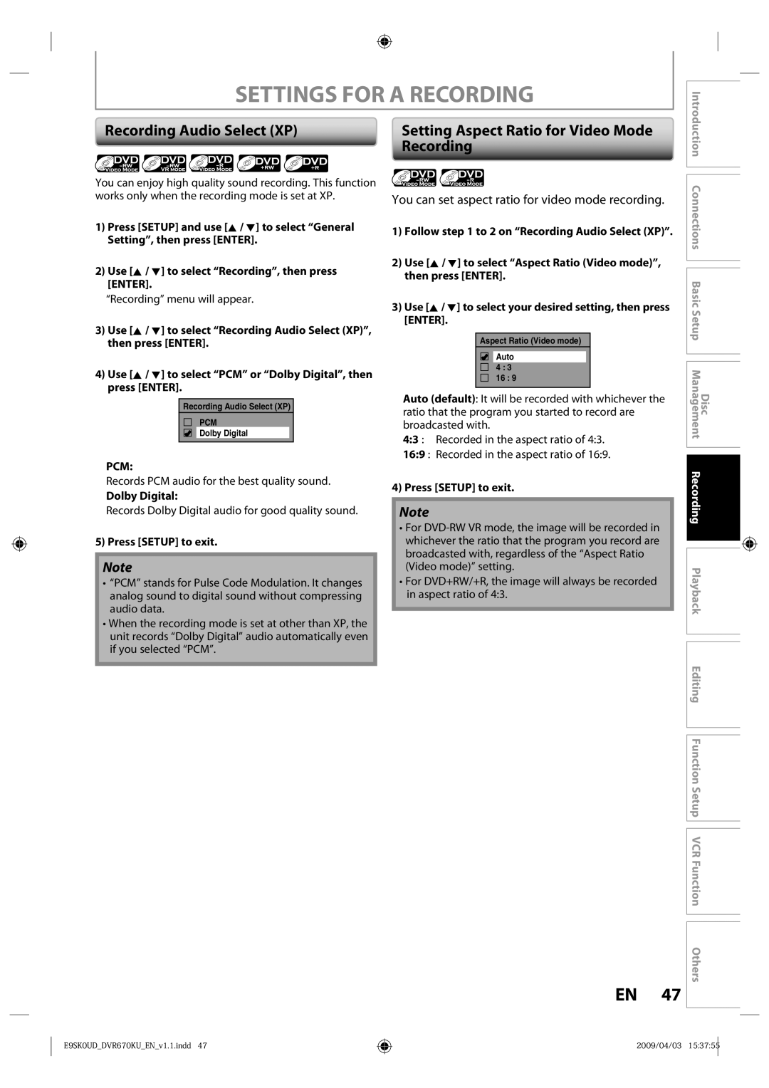 Toshiba DVR670KU Settings for a Recording, Recording Audio Select XP, Setting Aspect Ratio for Video Mode, Dolby Digital 