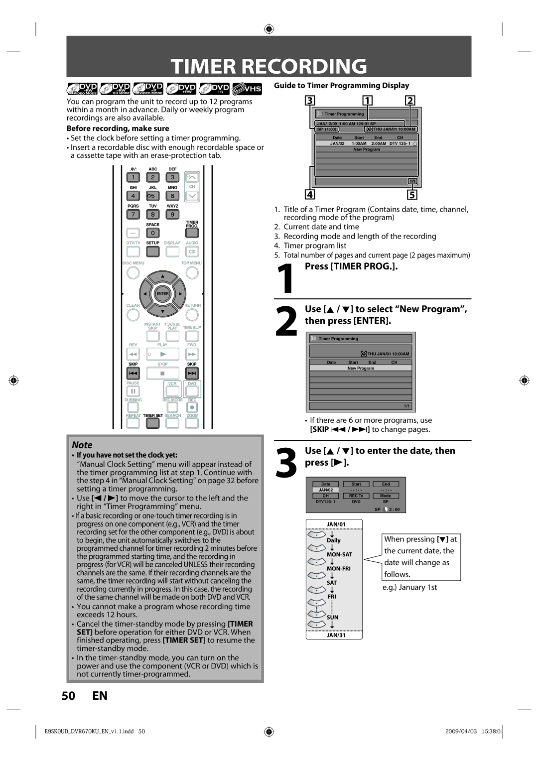 Toshiba DVR670KU owner manual Timer Recording, Use K / L to enter the date, then, Press B 