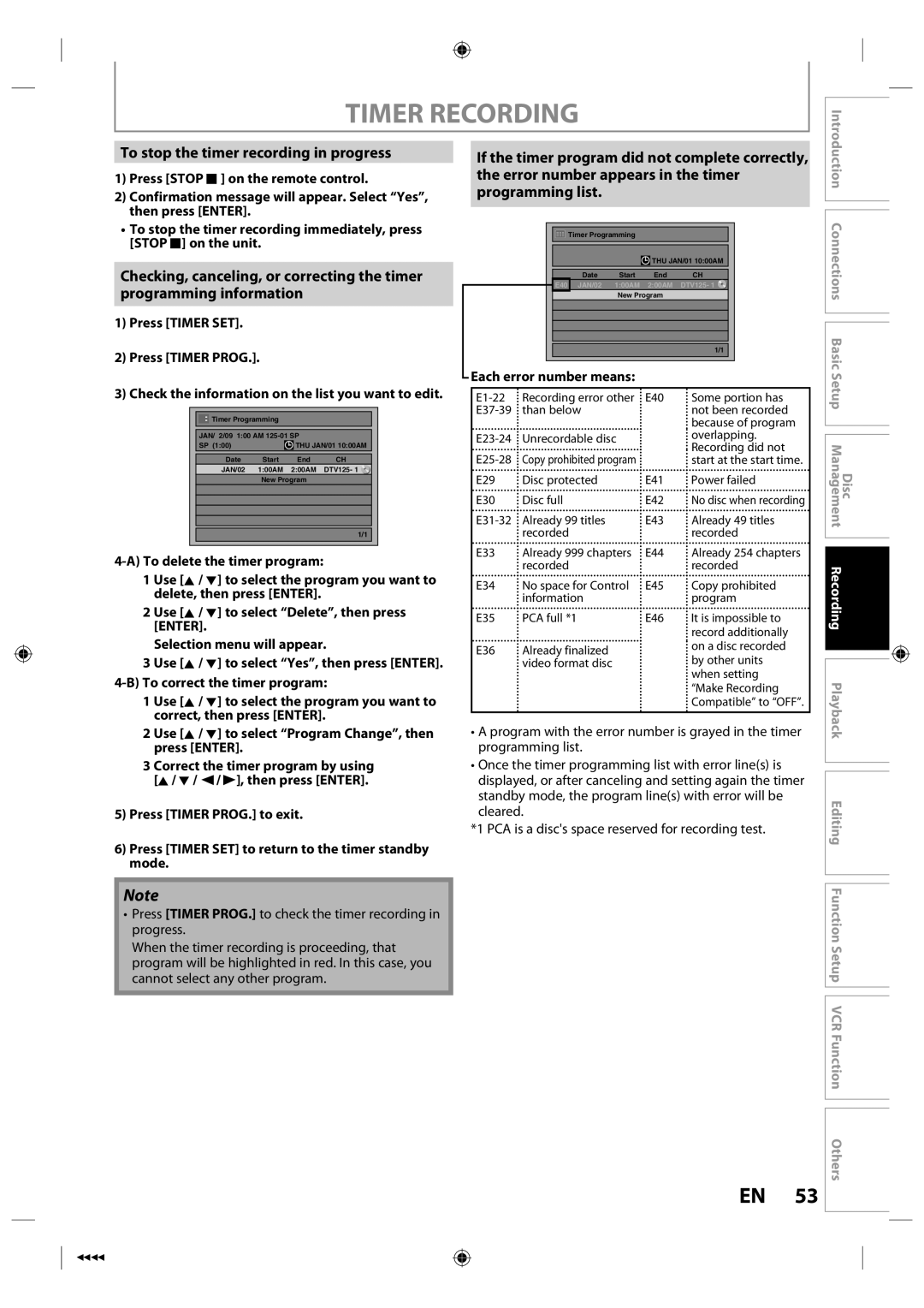 Toshiba DVR670KU owner manual To stop the timer recording in progress, Each error number means 