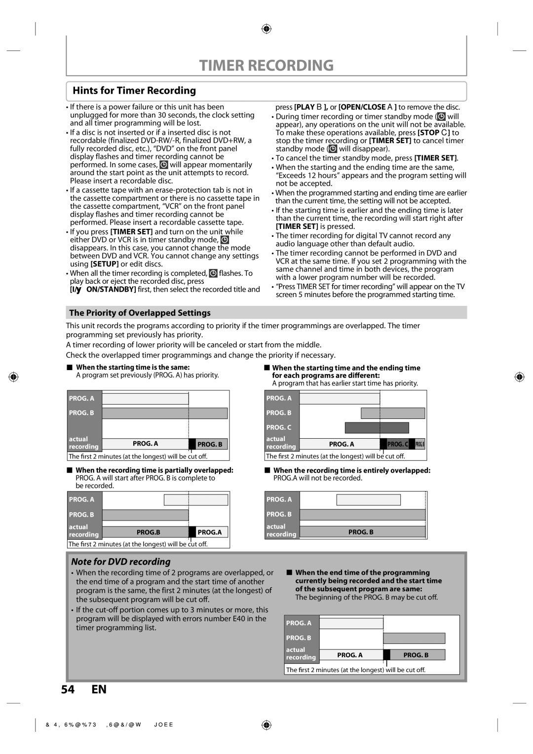 Toshiba DVR670KU Hints for Timer Recording, Priority of Overlapped Settings, Display flashes and timer recording cannot be 