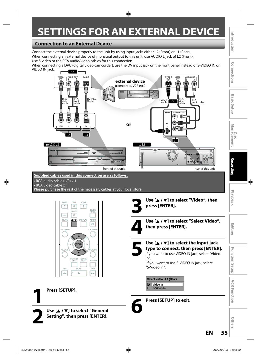 Toshiba DVR670KU owner manual Settings for AN External Device, Connection to an External Device, External device 