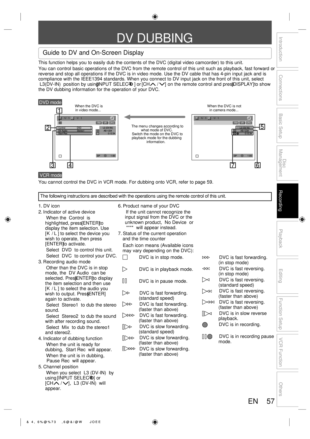 Toshiba DVR670KU DV Dubbing, Guide to DV and On-Screen Display, Disc Introduction Connections Basic Setup Management 