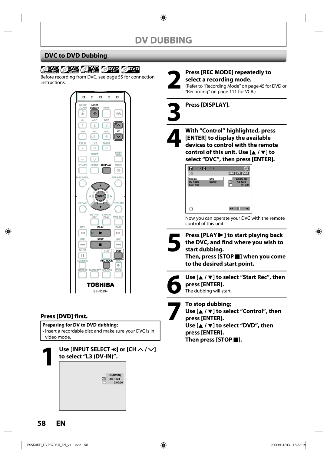 Toshiba DVR670KU owner manual DV Dubbing, DVC to DVD Dubbing 