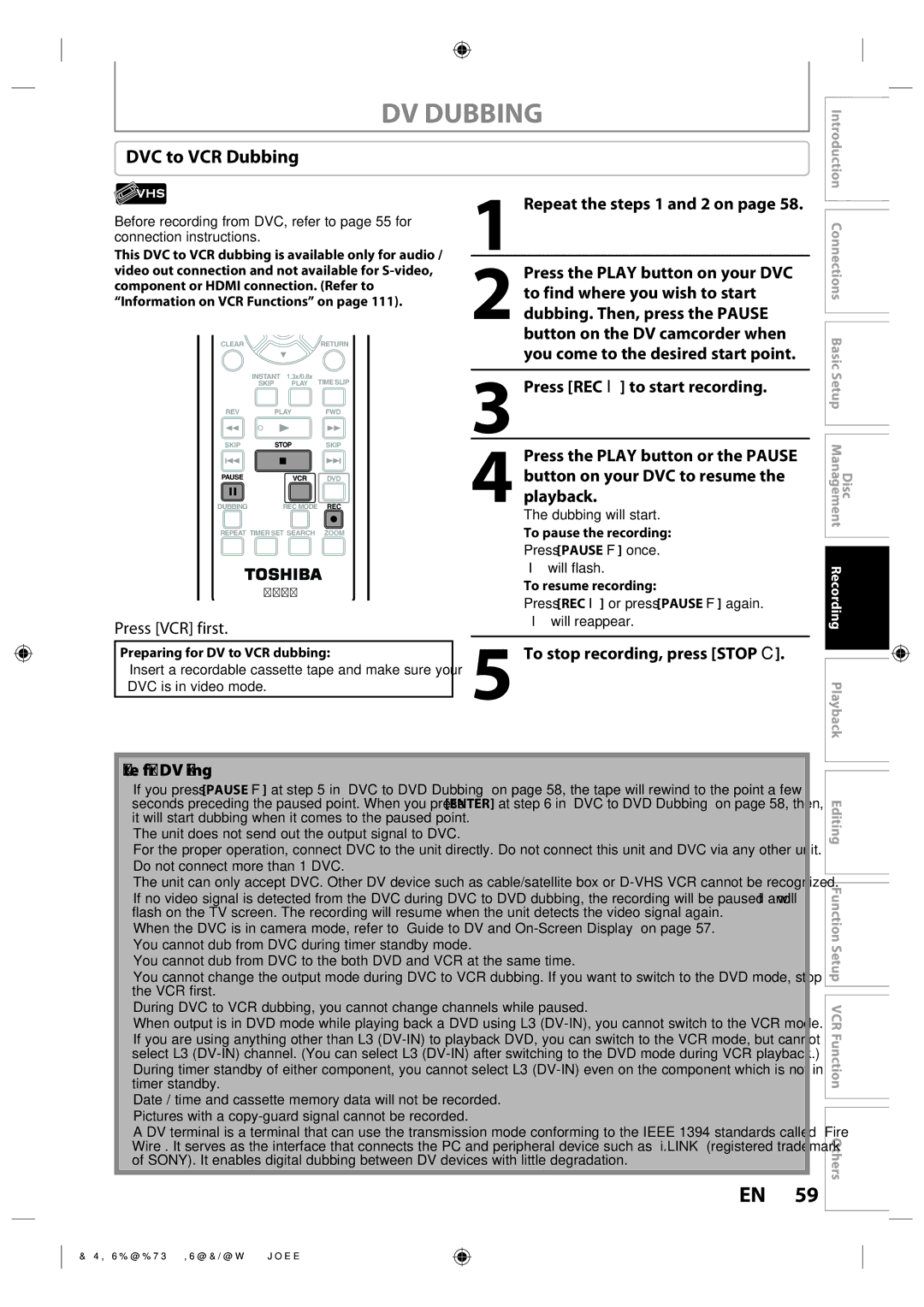 Toshiba DVR670KU DVC to VCR Dubbing, Press VCR first, Repeat the steps 1 and 2 on, To stop recording, press Stop C 