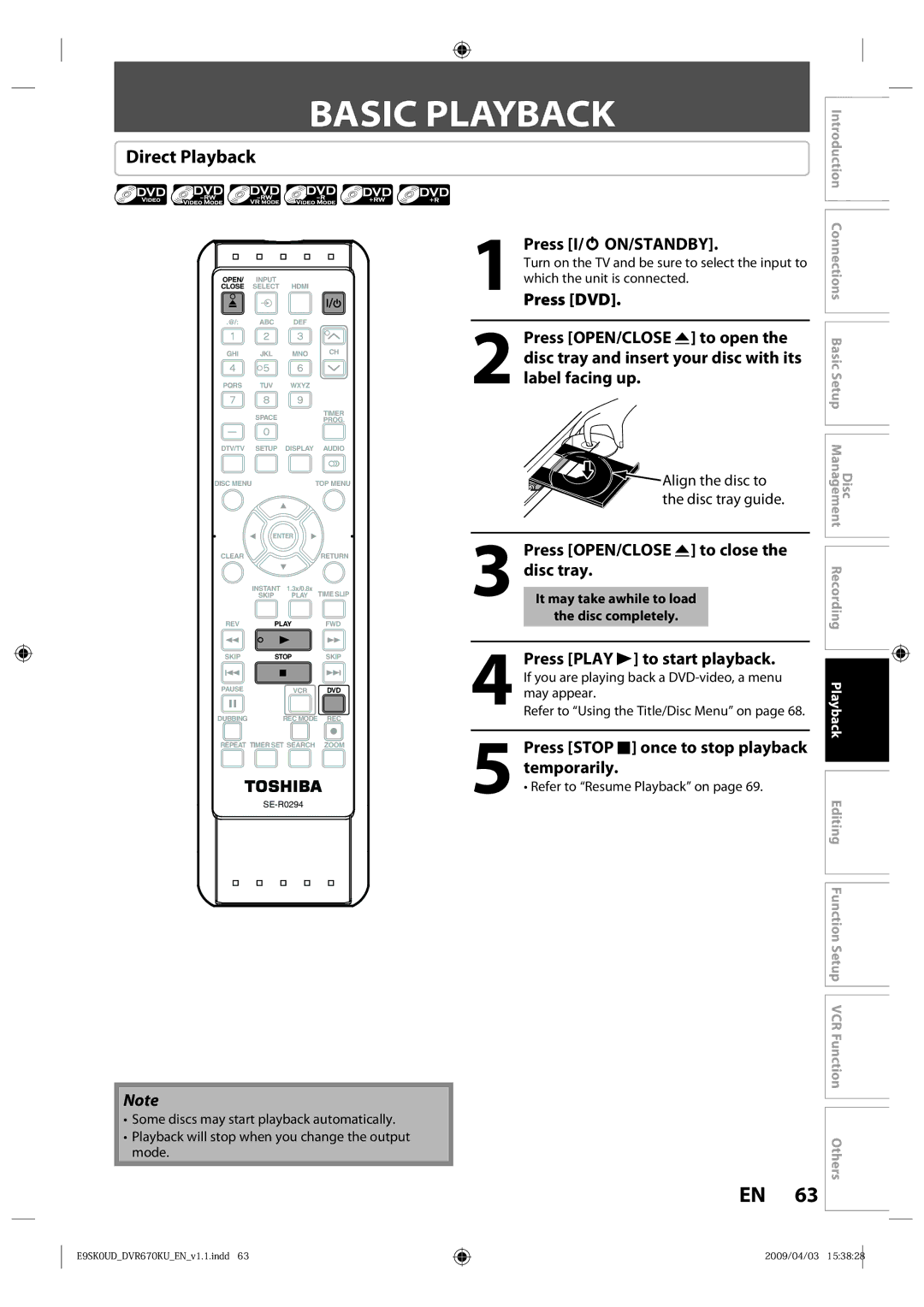 Toshiba DVR670KU owner manual Basic Playback, Direct Playback, Press Stop C once to stop playback temporarily 