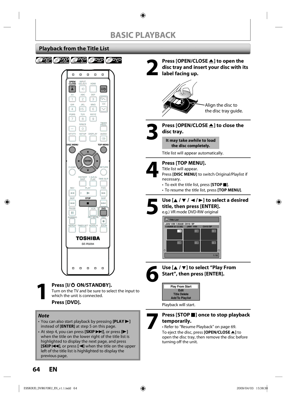 Toshiba DVR670KU Basic Playback, Playback from the Title List, Use K / L to select Play From Start, then press Enter 