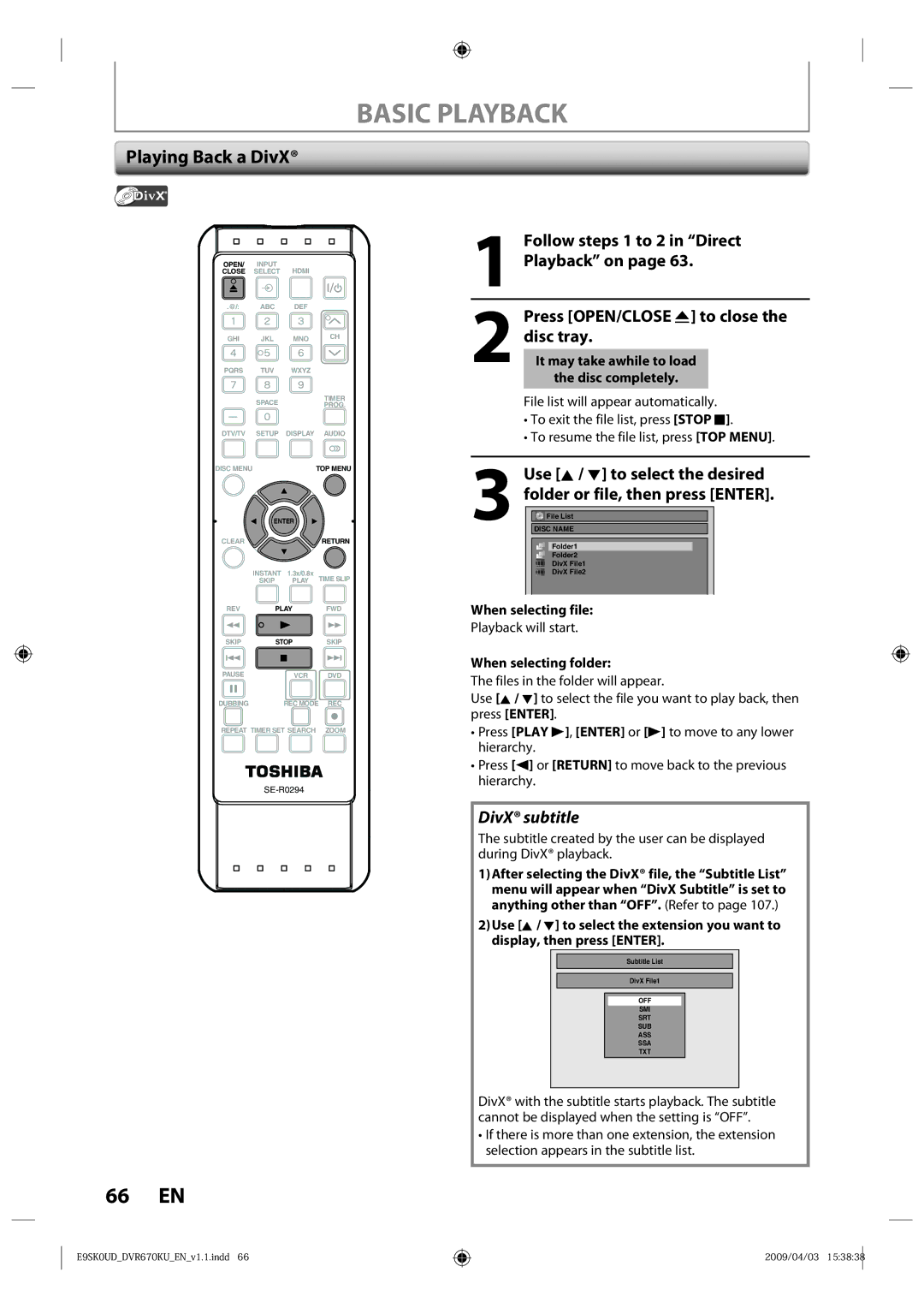 Toshiba DVR670KU owner manual Playing Back a DivX, When selecting file 