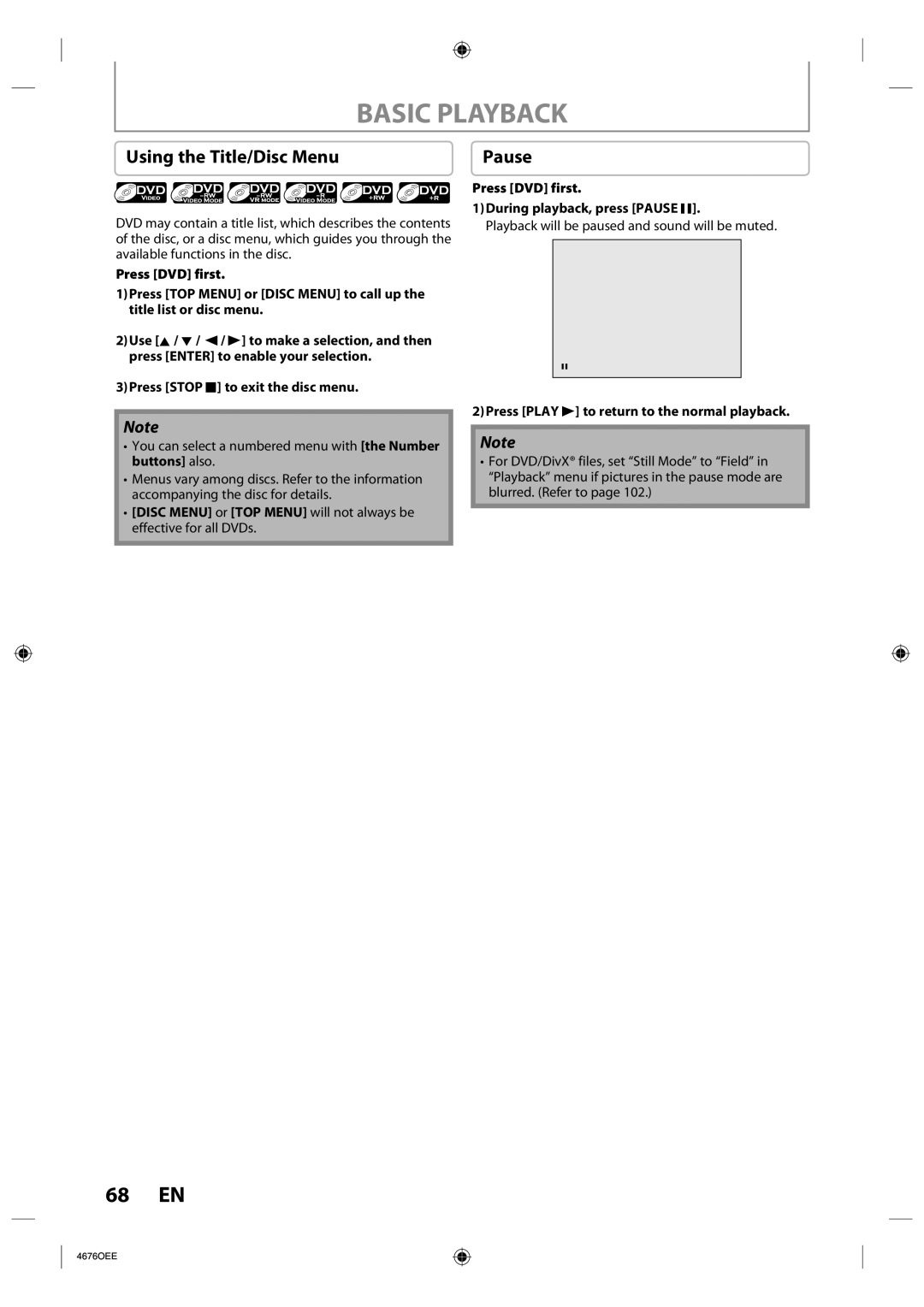 Toshiba DVR670KU owner manual Using the Title/Disc Menu, Press DVD first During playback, press Pause F 