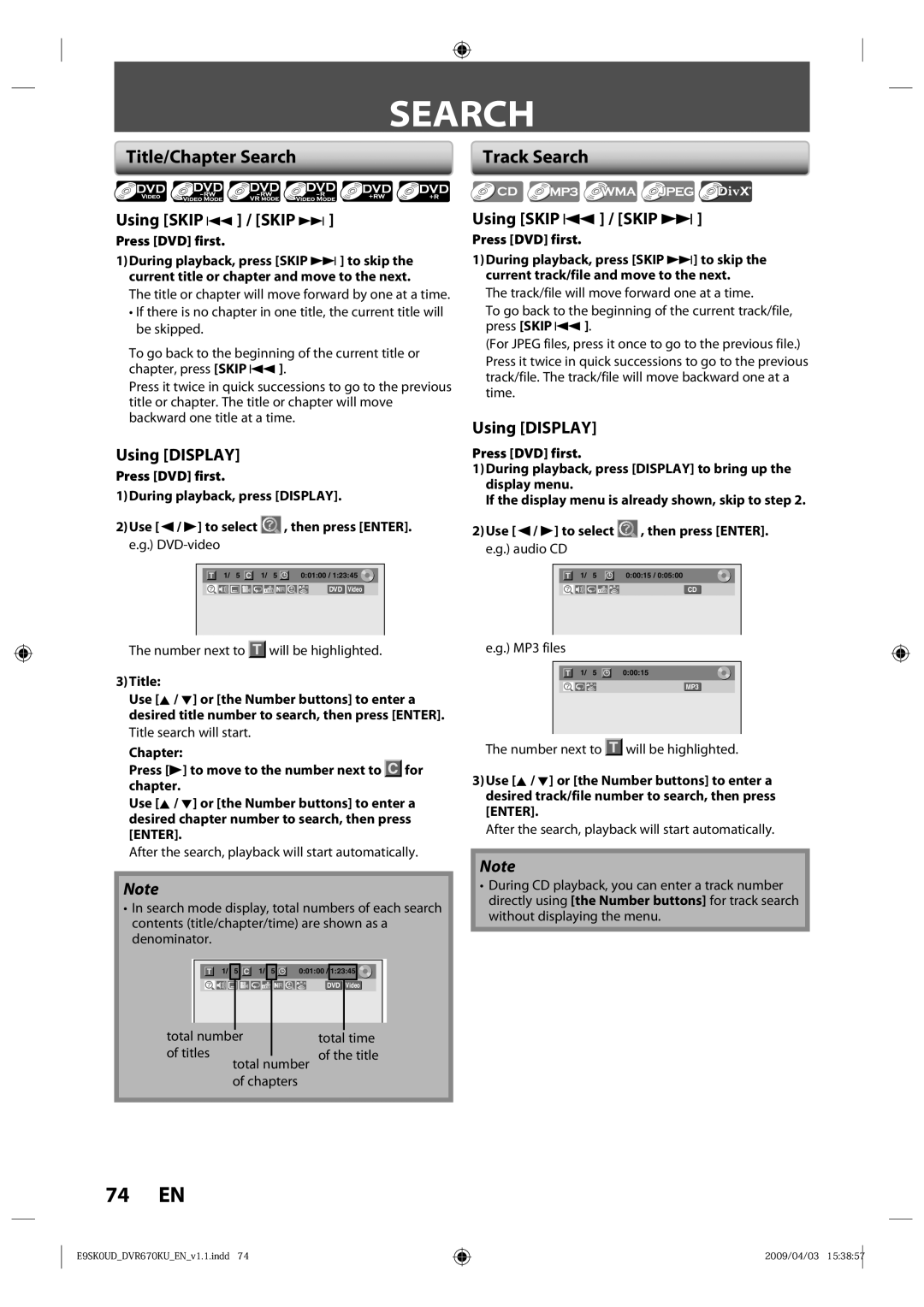 Toshiba DVR670KU owner manual Title/Chapter Search, Using Skip j / Skip, Using Display 