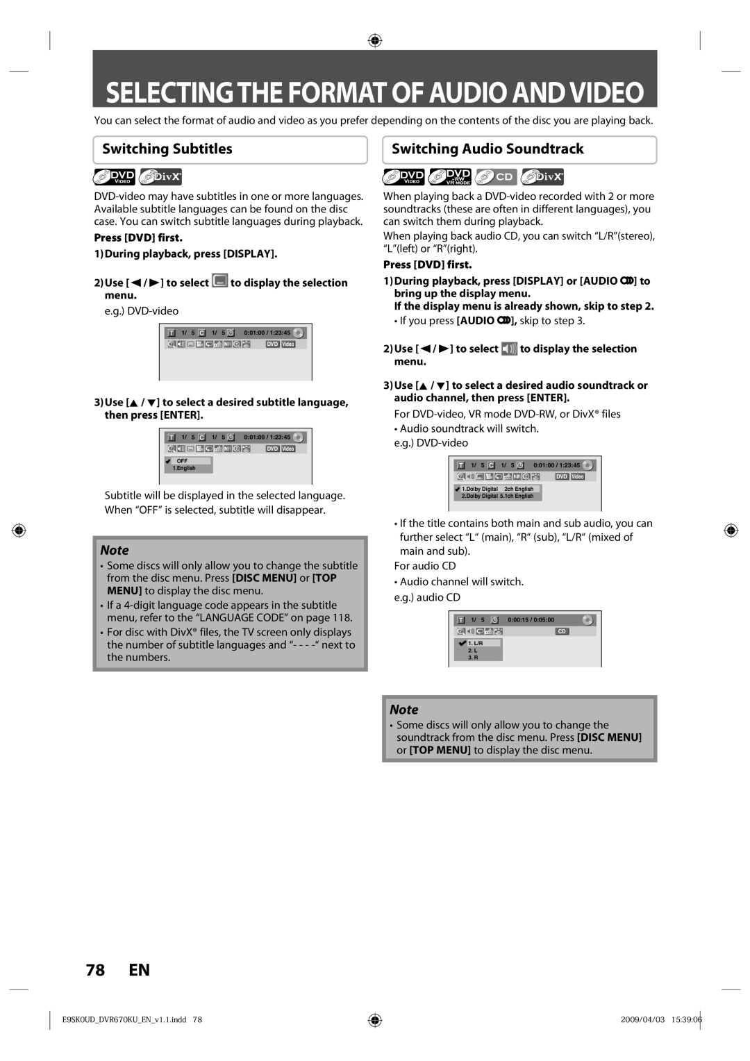 Toshiba DVR670KU owner manual Switching Subtitles, Switching Audio Soundtrack, If you press Audio , skip to step 