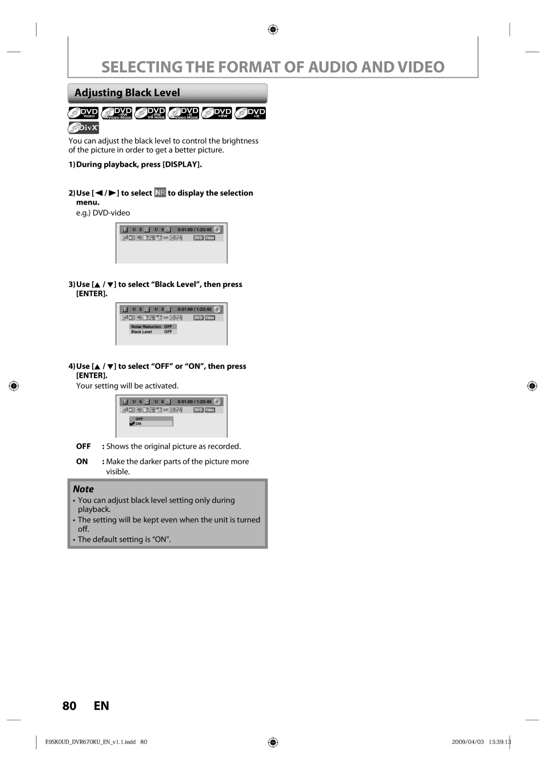 Toshiba DVR670KU owner manual Adjusting Black Level, Use K / L to select Black Level, then press Enter, Visible 