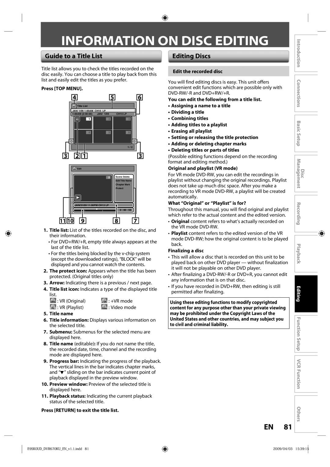 Toshiba DVR670KU owner manual Information on Disc Editing, Guide to a Title List 