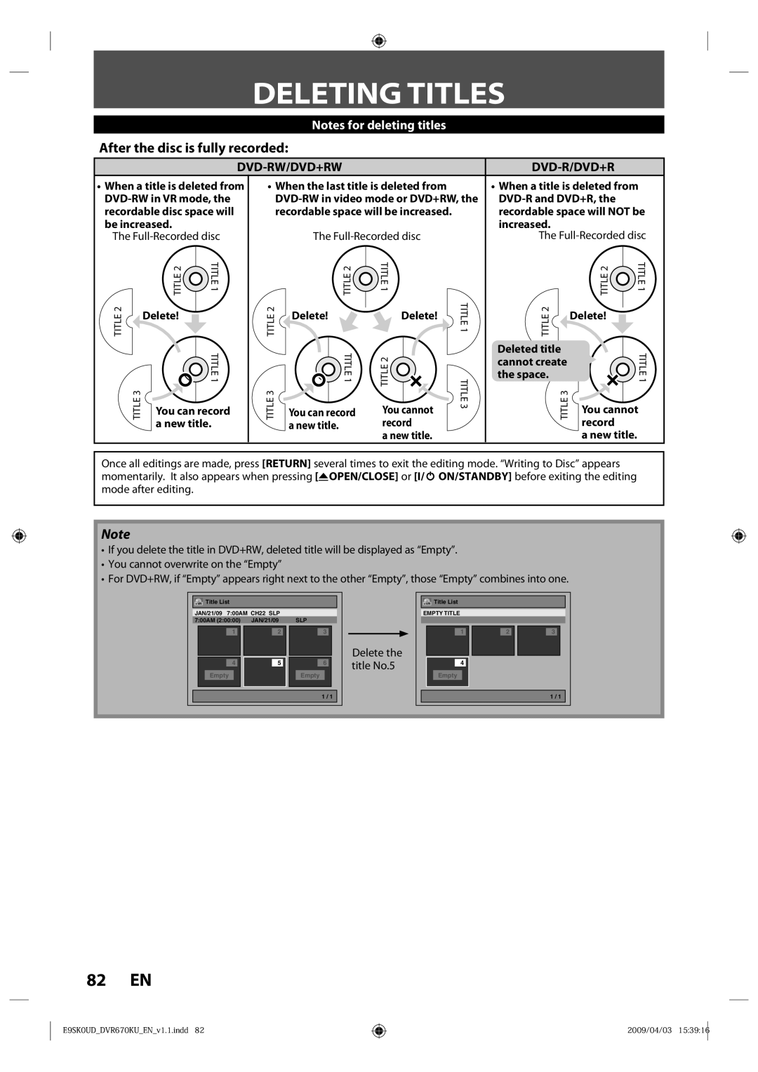 Toshiba DVR670KU owner manual Deleting Titles, After the disc is fully recorded 