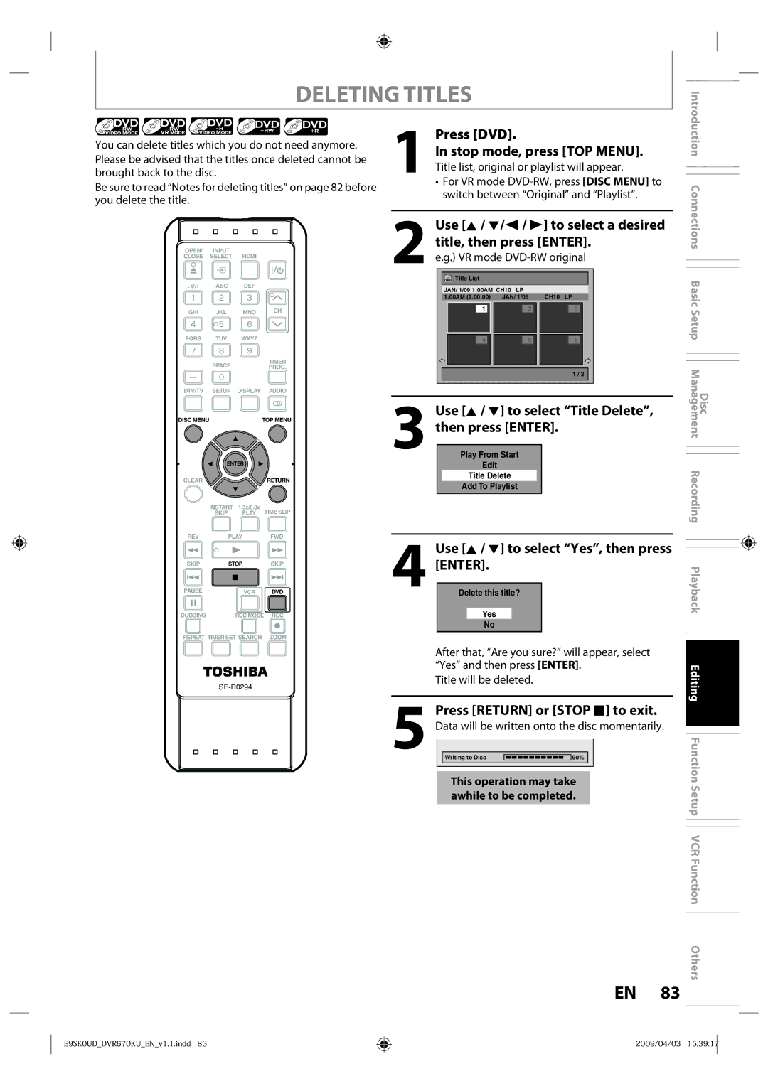 Toshiba DVR670KU owner manual Deleting Titles, Use K / L to select Title Delete, then press Enter 