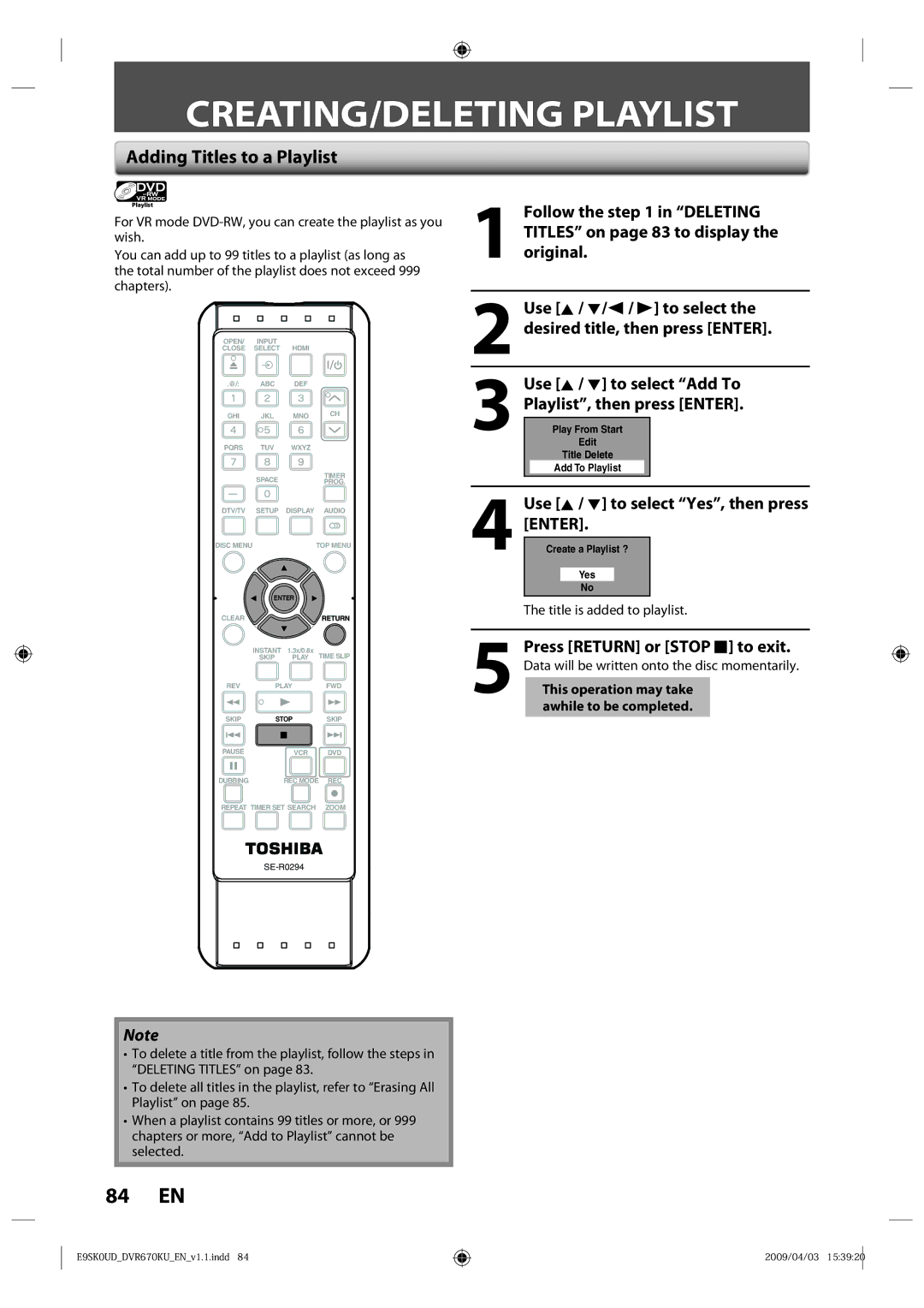 Toshiba DVR670KU owner manual CREATING/DELETING Playlist, Adding Titles to a Playlist 