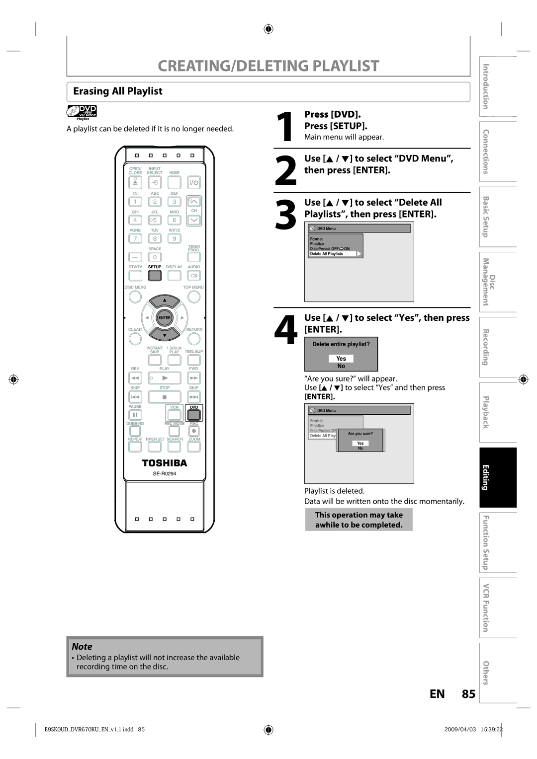 Toshiba DVR670KU owner manual CREATING/DELETING Playlist, Erasing All Playlist 