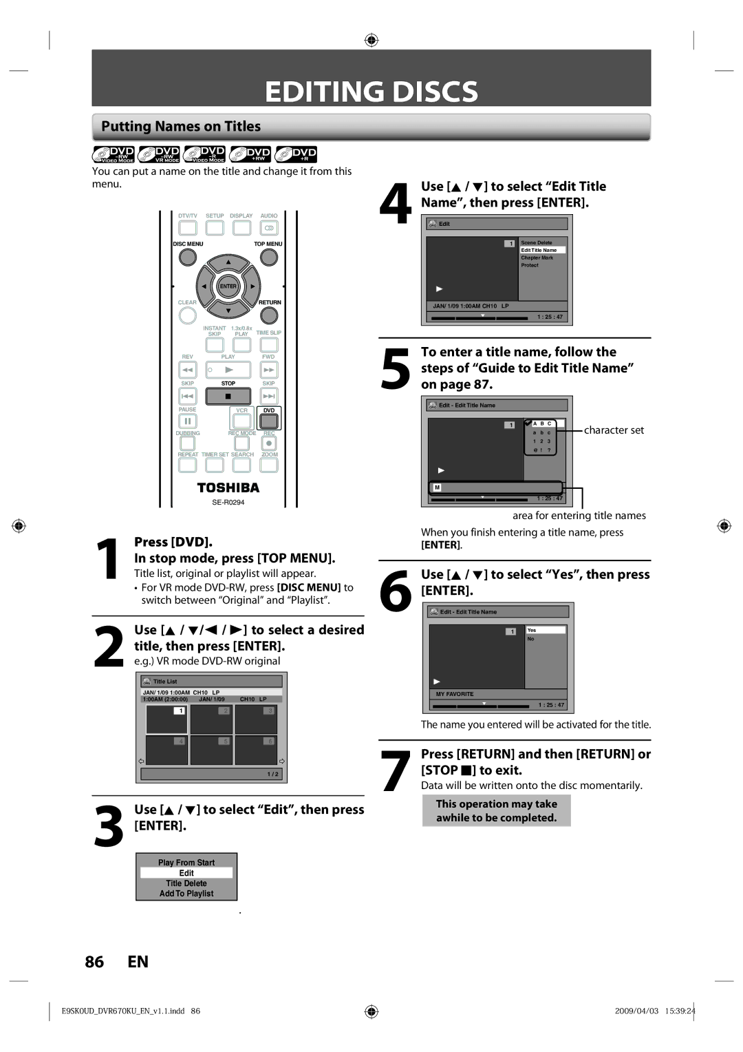 Toshiba DVR670KU owner manual Editing Discs, Putting Names on Titles, Use K / L to select Edit Title Name, then press Enter 